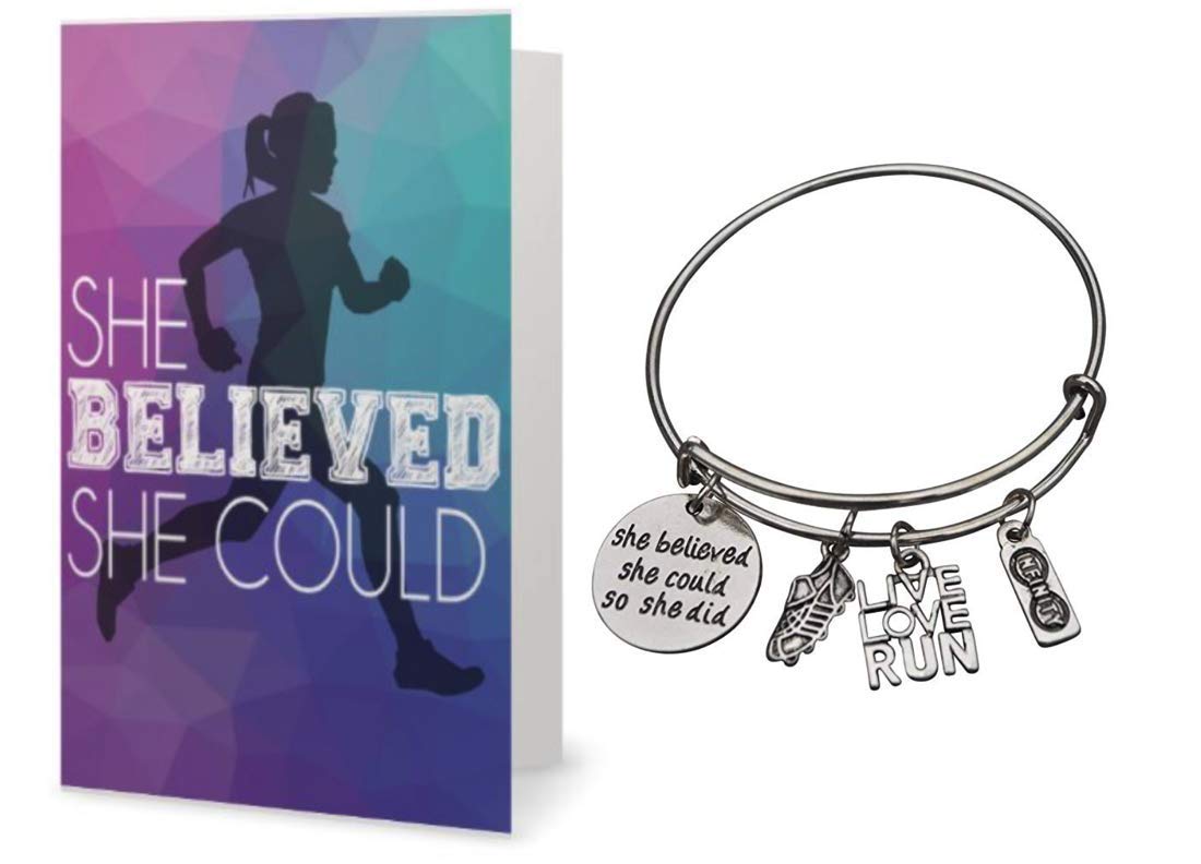 Runner Bracelet & Card Gift Set - 'She Believed She Could So She Did' Motivational Charm Bangle for Women - Perfect for Marathon Training, 5K Races & Fitness Inspiration