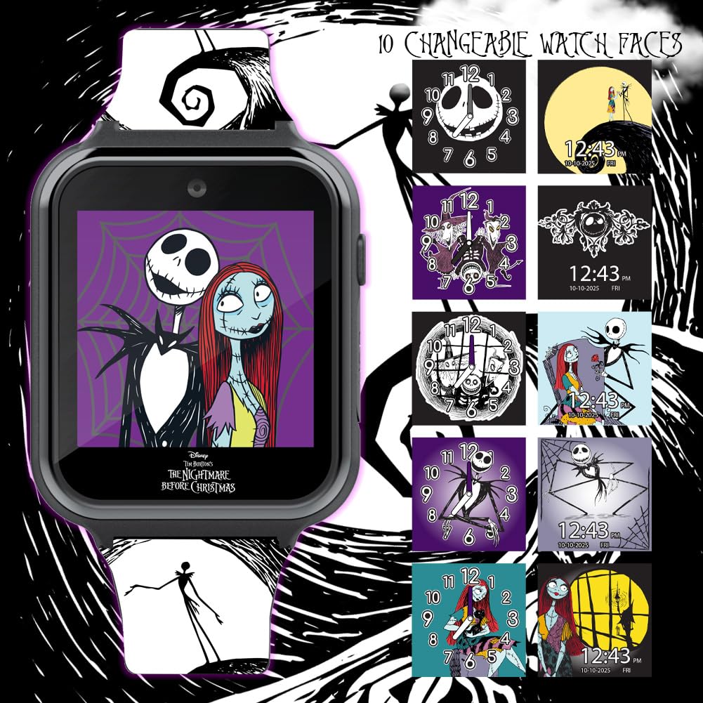 Disney Nightmare Before Christmas Kids Smartwatch – Interactive Jack & Sally Design with 10 Clock Faces, Step Counter, Selfie Camera, Games, Calculator, Alarm & Timer – Fits Wrists 5.5