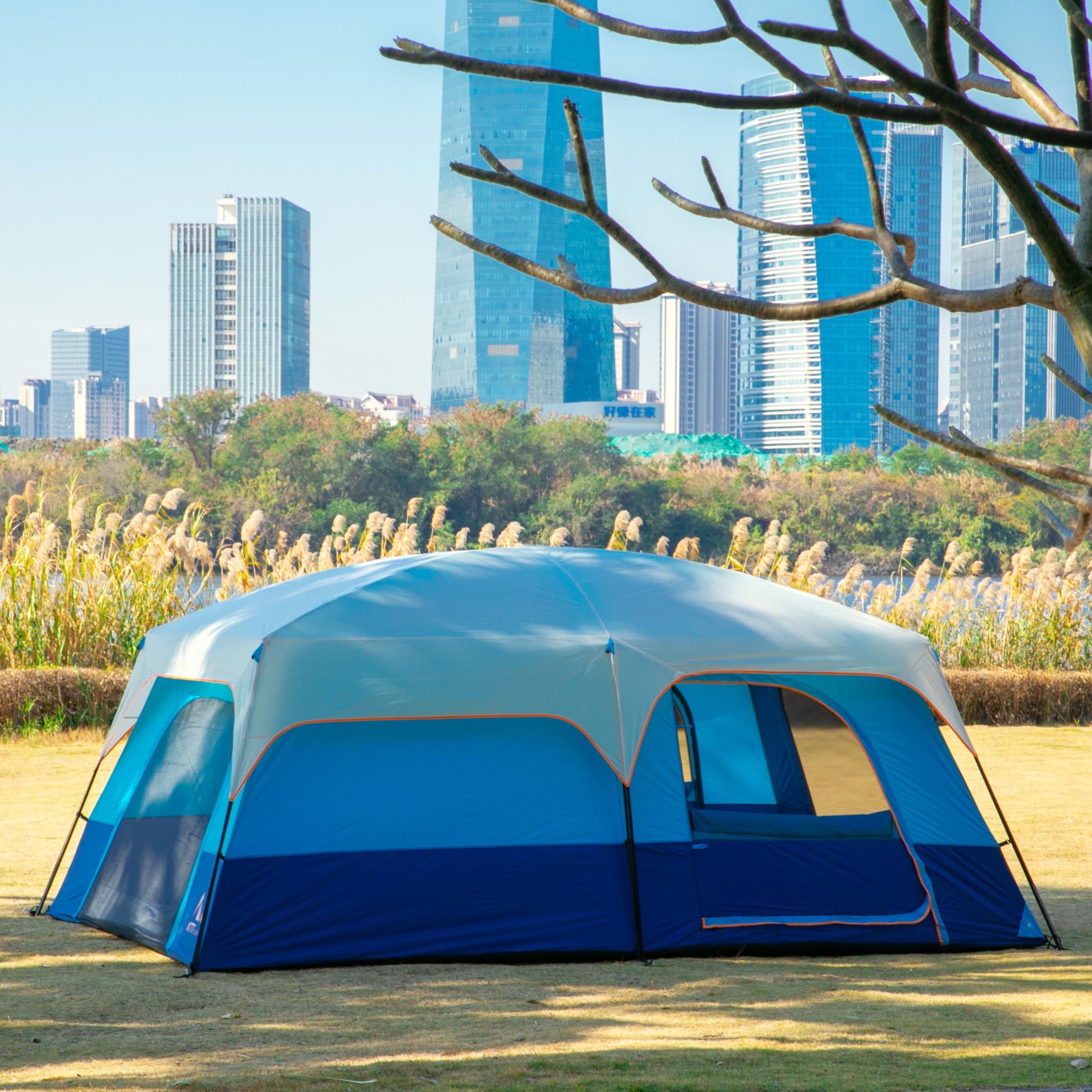 KTT Extra Large Family Cabin Tent for 10-12-14 People - 2 Rooms, 3 Doors & 3 Windows with Mesh, Straight Wall Design, Waterproof Double Layer - Perfect for Camping, Picnics, Outdoor Adventures & Family Gatherings