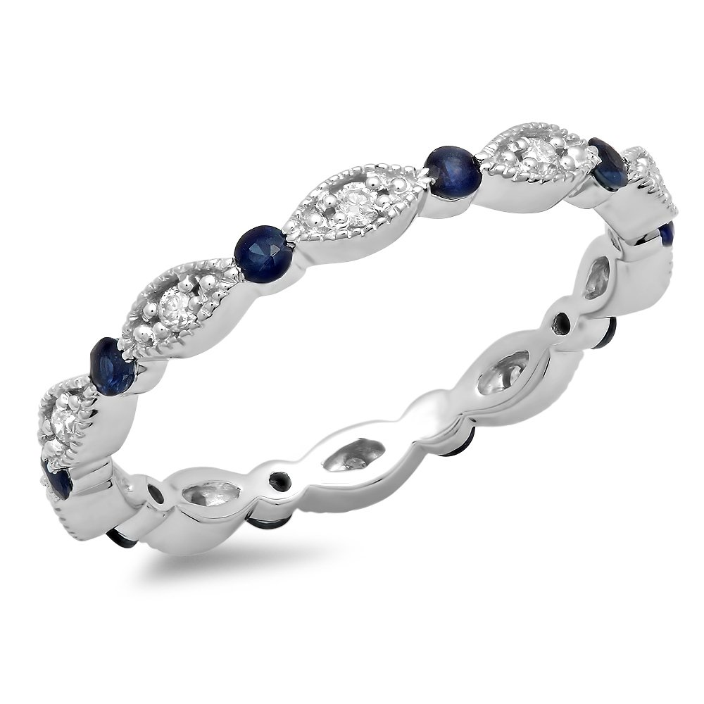 10K Solid Gold Round Blue Sapphire & White Diamond Women's Wedding Eternity Band Stackable Ring - Perfect for Bridal Jewelry, Anniversary Gifts, and Everyday Elegant Stacking