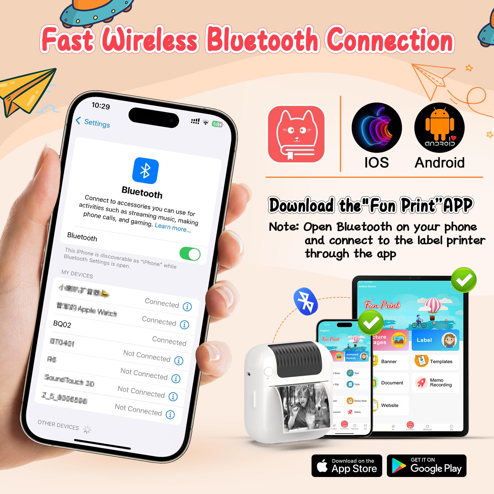 Bluetooth Wireless Label Maker Machine for iOS & Android - Inkless Mini Sticker Printer with 5 Rolls Tapes, Portable Thermal Printer for DIY, Kids, School & Office Organization | Perfect for Home, Classroom & Small Business Labeling