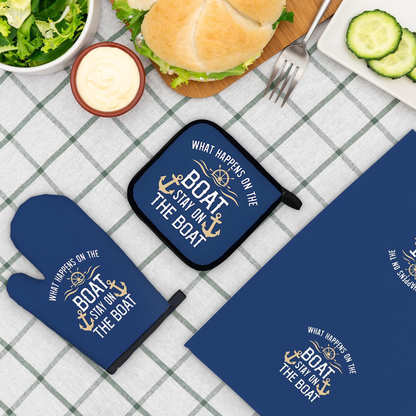 OHSUL Nautical Kitchen Towels and Oven Mitt Set - Navy Blue Boat-Themed Pot Holders & Heat Resistant Gloves - Rustic Marine Decor for Boat Owners - Perfect for Galley Cooking, Sailing Gifts & Coastal Home Decor