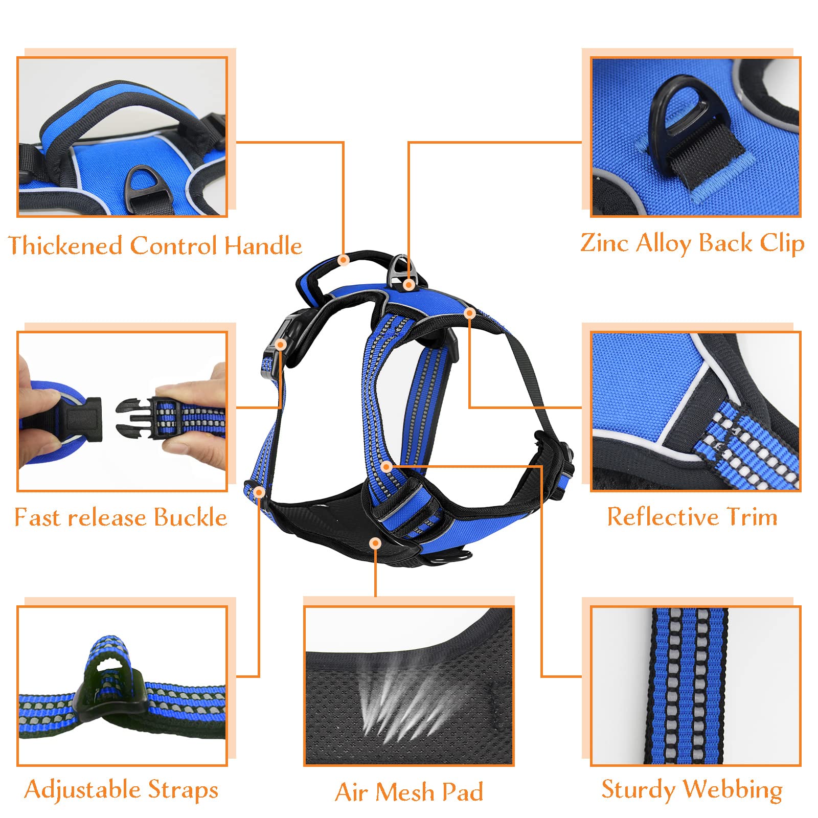 No Pull Dog Harness - Adjustable Reflective Pet Vest with Front Clip & Padded Handle for Small Medium Large Dogs - Perfect for Outdoor Training, Walking & Hiking - Blue