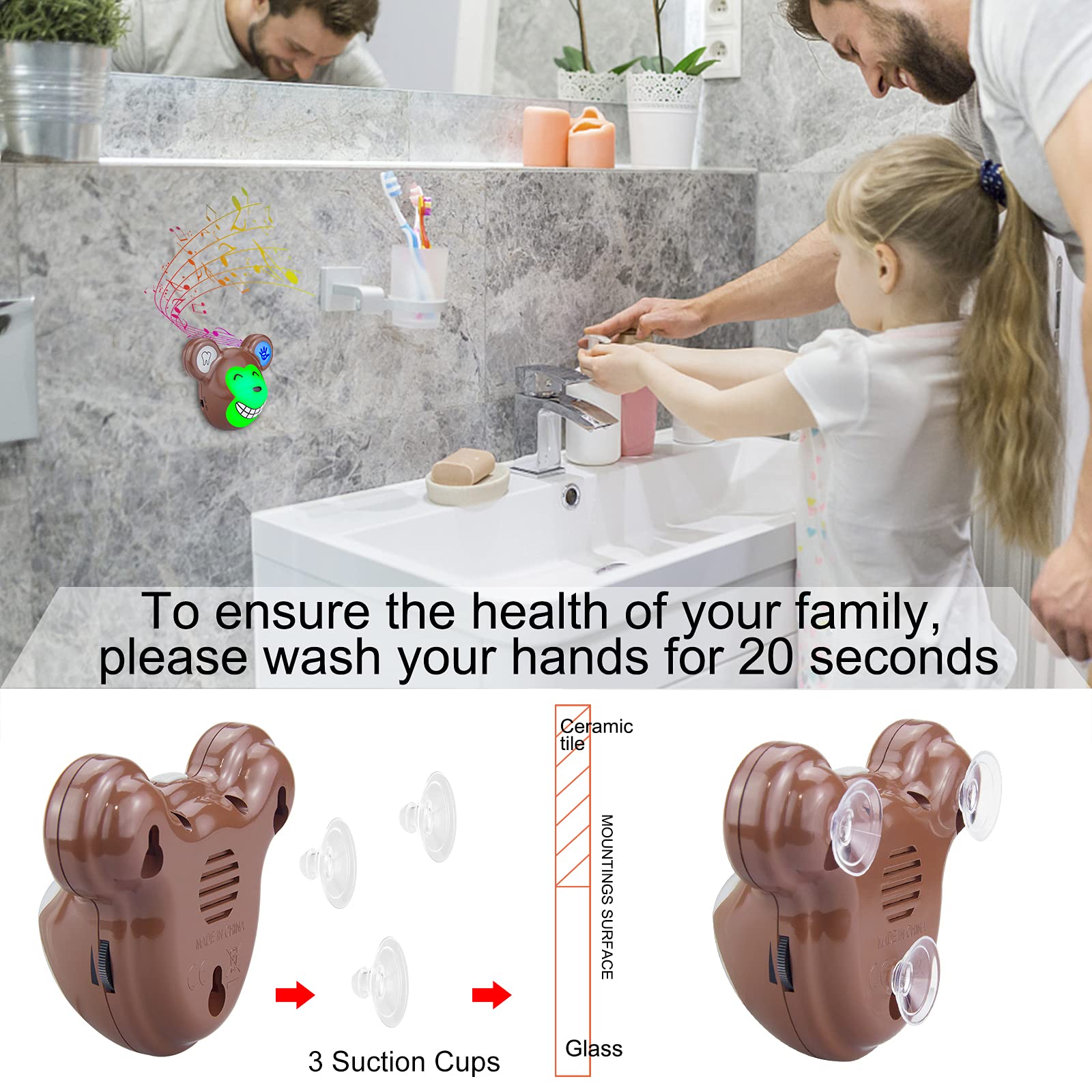 LUXSWAY Cute Animal Toothbrush Timer for Kids - 2 Minute Musical Timer with LED Lights, 20 Second Hand Washing Trainer, Rechargeable Visual Timer for Teeth Brushing & Hygiene Routine (Monkey Design) - Perfect for Bathroom, Preschool & Montessori Learning