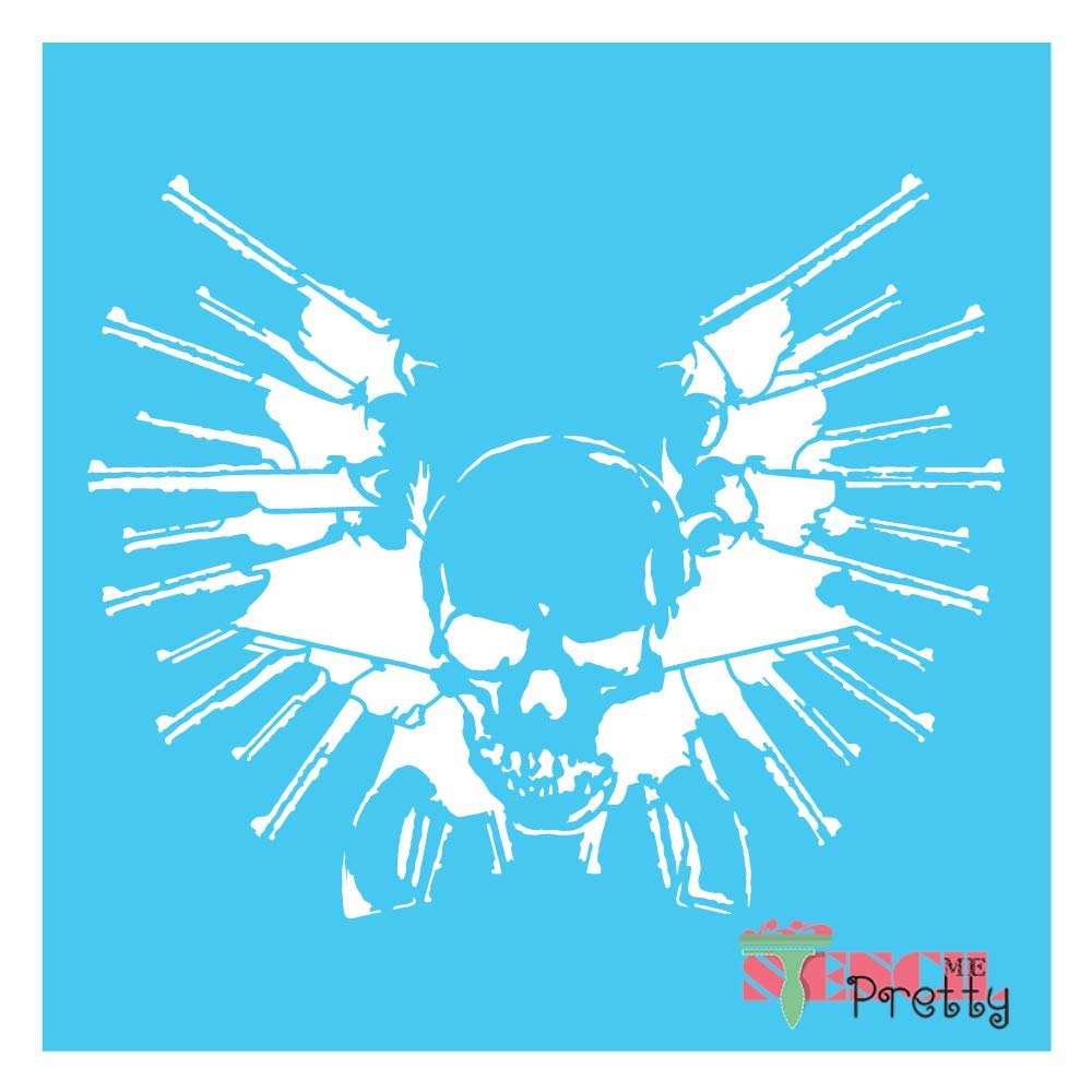 Daredevil Skull with Crossed Bones and Guns Stencil Set - Large Vinyl Stencils for Painting on Wood, Canvas, Walls - Multipack (S, M, L) in Brilliant Blue - Perfect for DIY Art, Home Decor, and Craft Projects