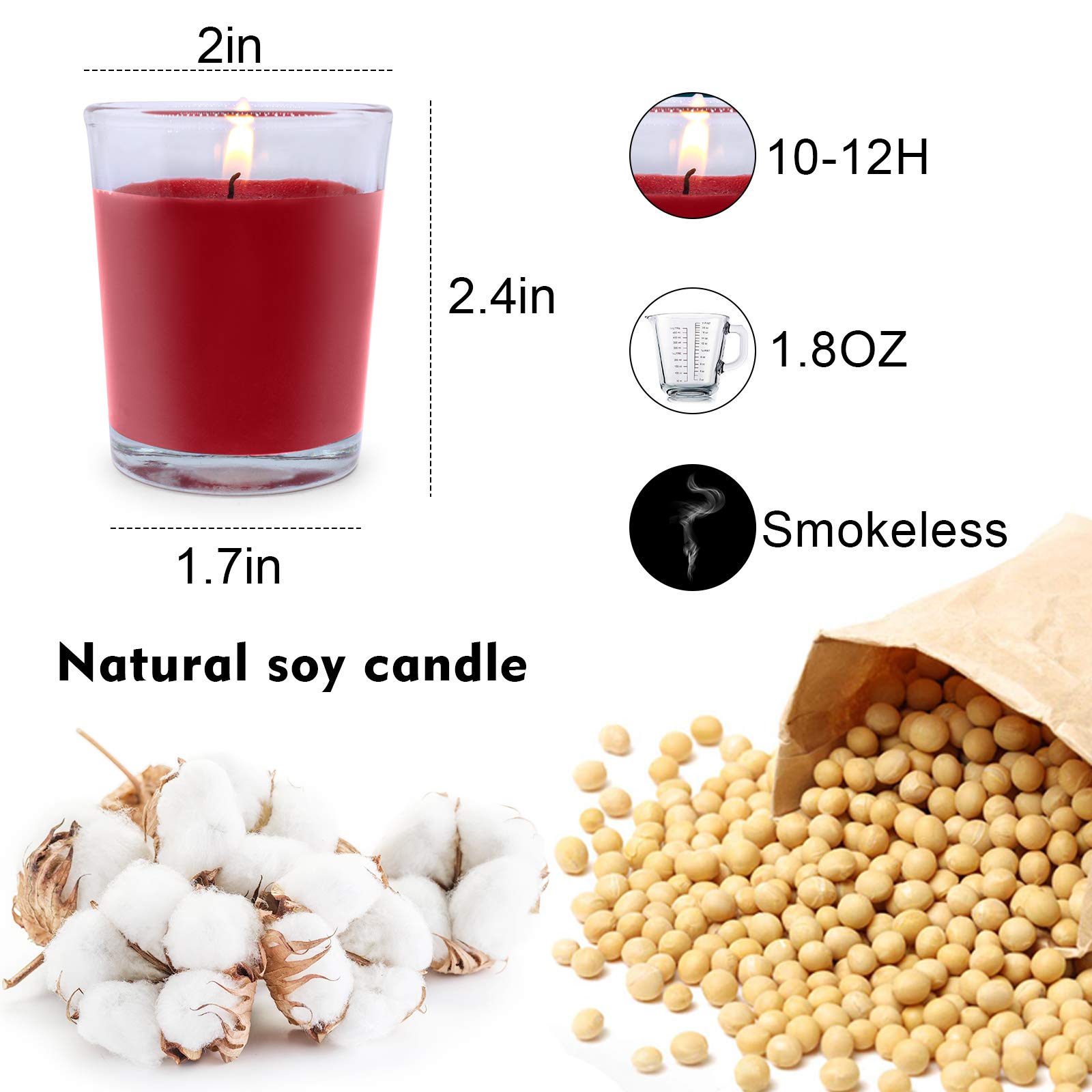 20 Unscented Red Votive Candles in Glass - Soy Wax for Weddings, Parties & Holidays