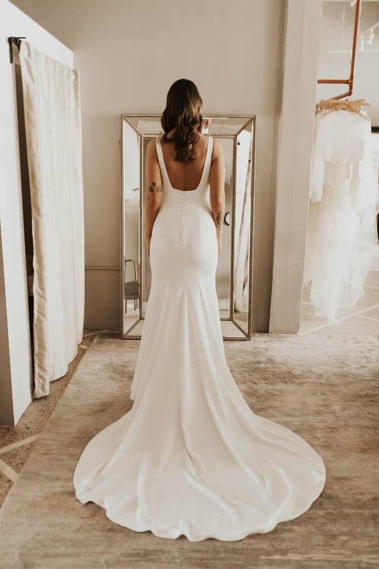Elegant Satin Mermaid Wedding Dress for Bride - Backless Square Neck Bridal Gown with Train | Perfect for Beach, Church, and Formal Wedding Ceremonies