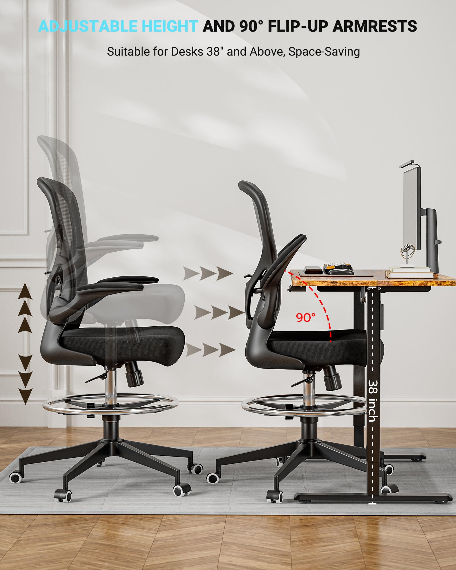 Ergonomic Drafting Chair - Adjustable Height Office Chair for Standing Desk with Breathable Mesh Back, Supports Up to 400 lbs - Perfect for Artists, Architects & Counter-Height Workstations (Black)