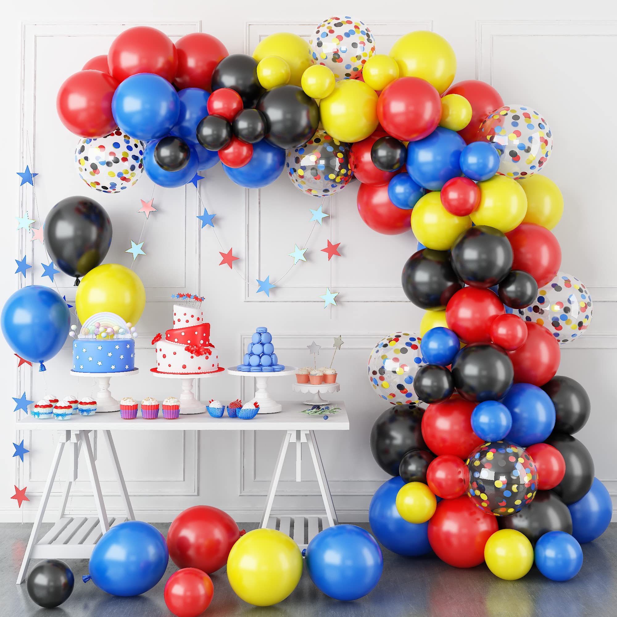 109pcs Red Yellow Dark Blue Black Balloons Garland Kit with Confetti Balloons - Superhero Avengers Party Decorations for Carnival, Circus, Birthday & Baby Shower | Perfect for Kids' Superhero Themed Parties, Baby Showers & Festive Events