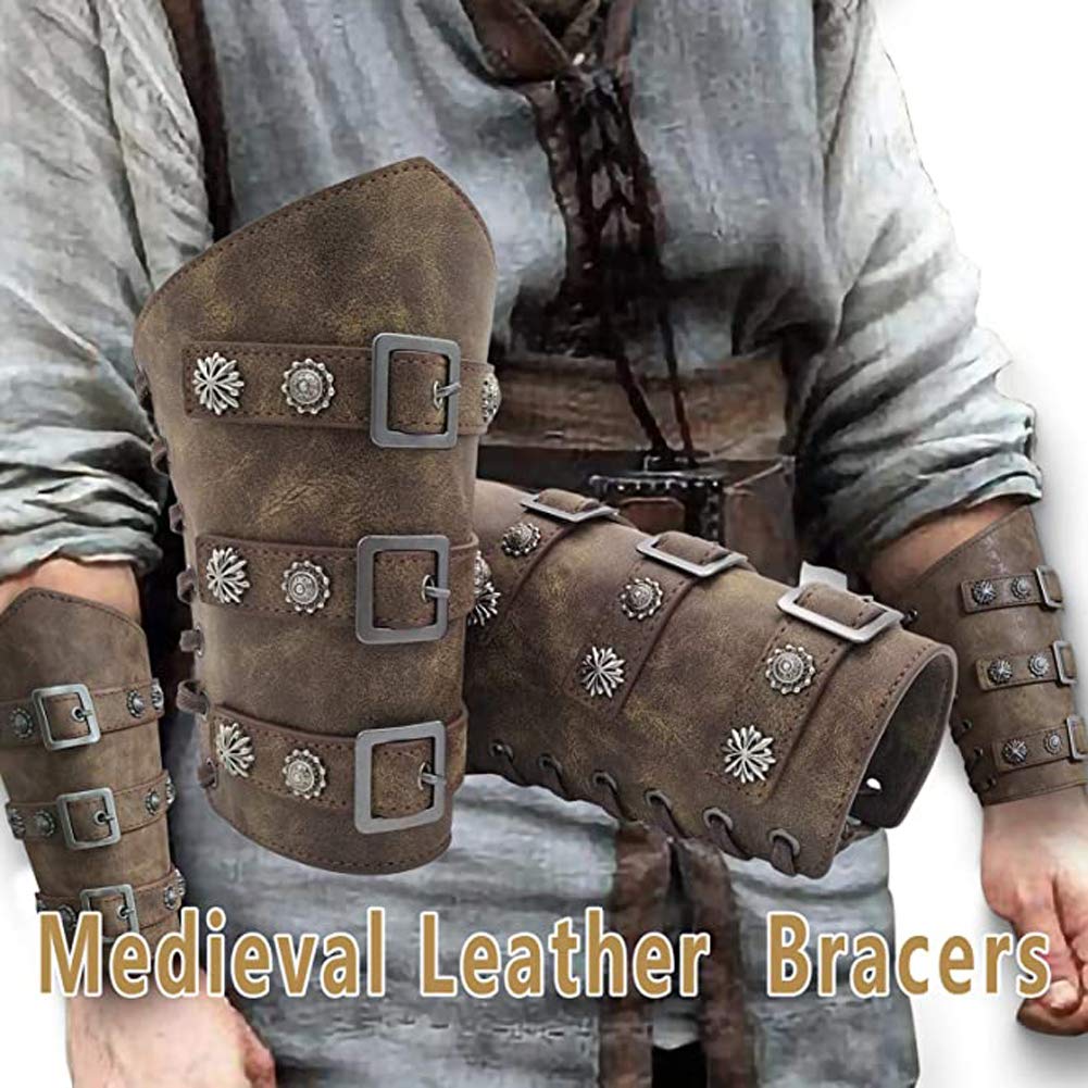 Viking Bracers - Medieval Leather Arm Armor Cuffs & Gauntlets (2-Pack) - Punk Style Wristbands for Men & Women - Perfect for LARP, Cosplay & Renaissance Fairs