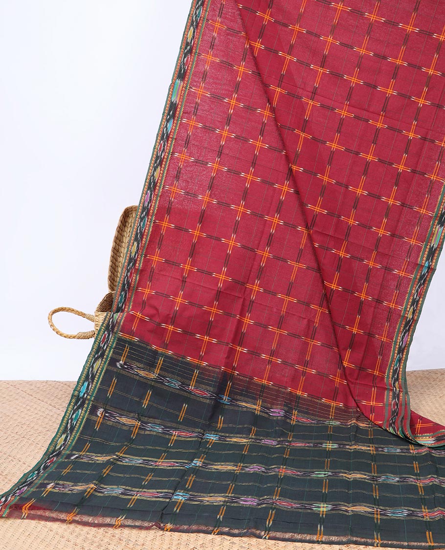 Authentic Andhra Cotton Saree with Checks - Contrast Ikat Border & Checked Pallu Ikat Design | Perfect for Festivals, Weddings & Traditional Occasions