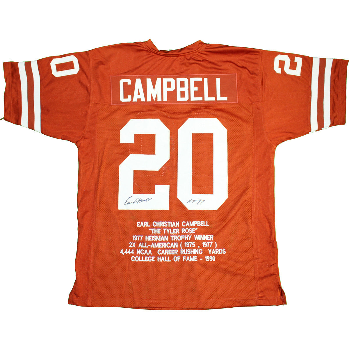 Earl Campbell Autographed Texas Longhorns Orange Embroidered Football Jersey with HT 77 Inscription - Certified by JSA - Perfect for Collectors, Sports Memorabilia Displays, and Longhorns Fans