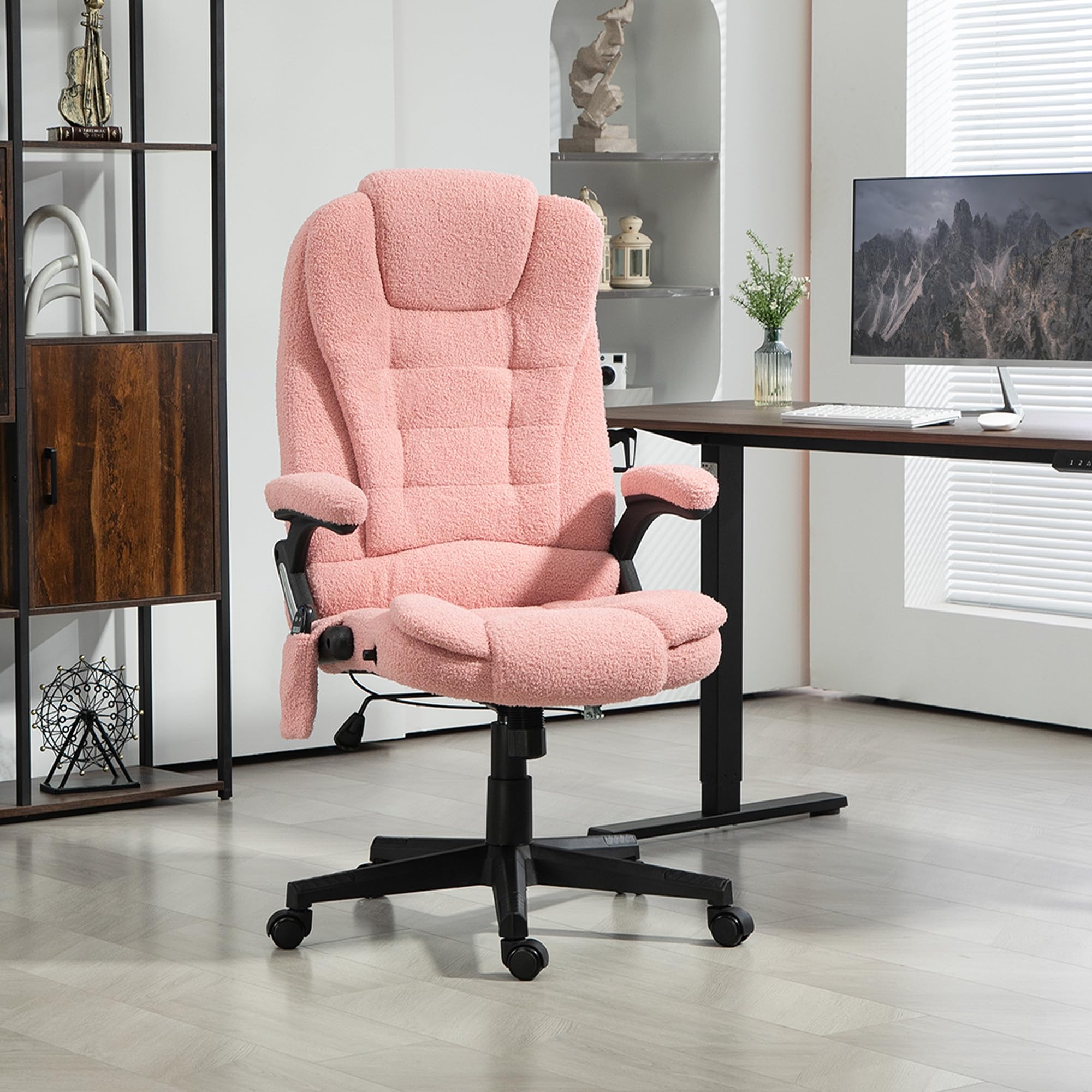 HOMCOM 6-Point Vibrating Massage Office Chair with Heating - Velvet High Back Executive Chair, Reclining Backrest, Padded Armrests & Remote Control (Pink) - Perfect for Home Office, Gaming & Relaxation