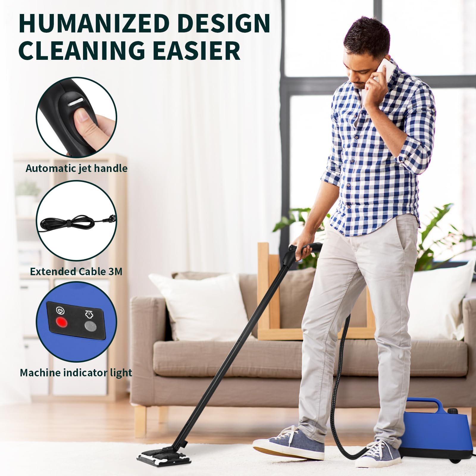 **Multipurpose Steam Cleaner with 21 Accessories - 1.5L Tank, 5-Minute Heat-Up - Carpet, Floor, Window, Mirror & Car Cleaning - Ideal for Home, Office & Auto Detailing (Blue)**