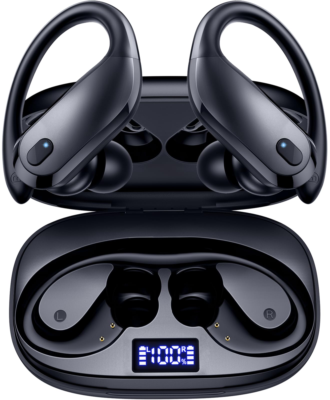 GNMN Wireless Bluetooth Earbuds with 90H Playback, IPX7 Waterproof, Deep Bass & Wireless Charging Case - Over Ear Sports Headphones with Dual LED Power Display & Earhooks for Running, Gym, Workout & Travel (Black)