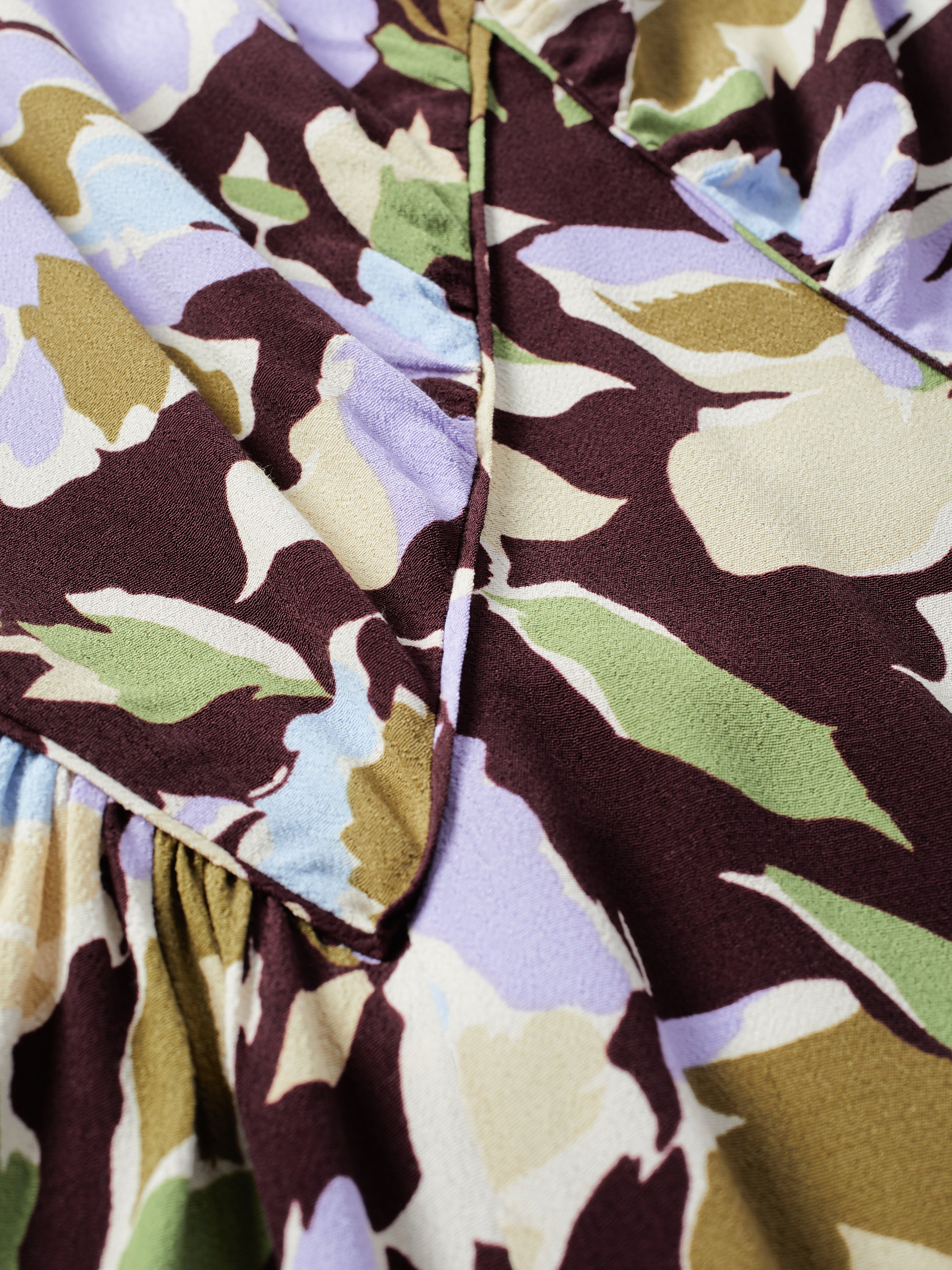 Elegant Deep Plum Pansy Print Crepe Tea Dress for Women - Perfect for Garden Parties, Afternoon Tea & Special Occasions