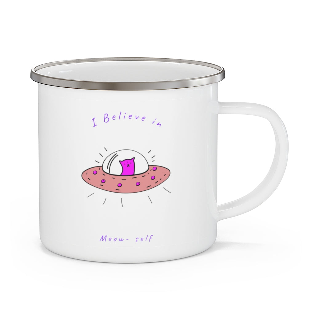 Funny 'I Believe in Meow' Enamel Camping Mug - Space-Themed Travel Coffee & Tea Cup for Outdoor Adventures, Gifts for Cat Lovers