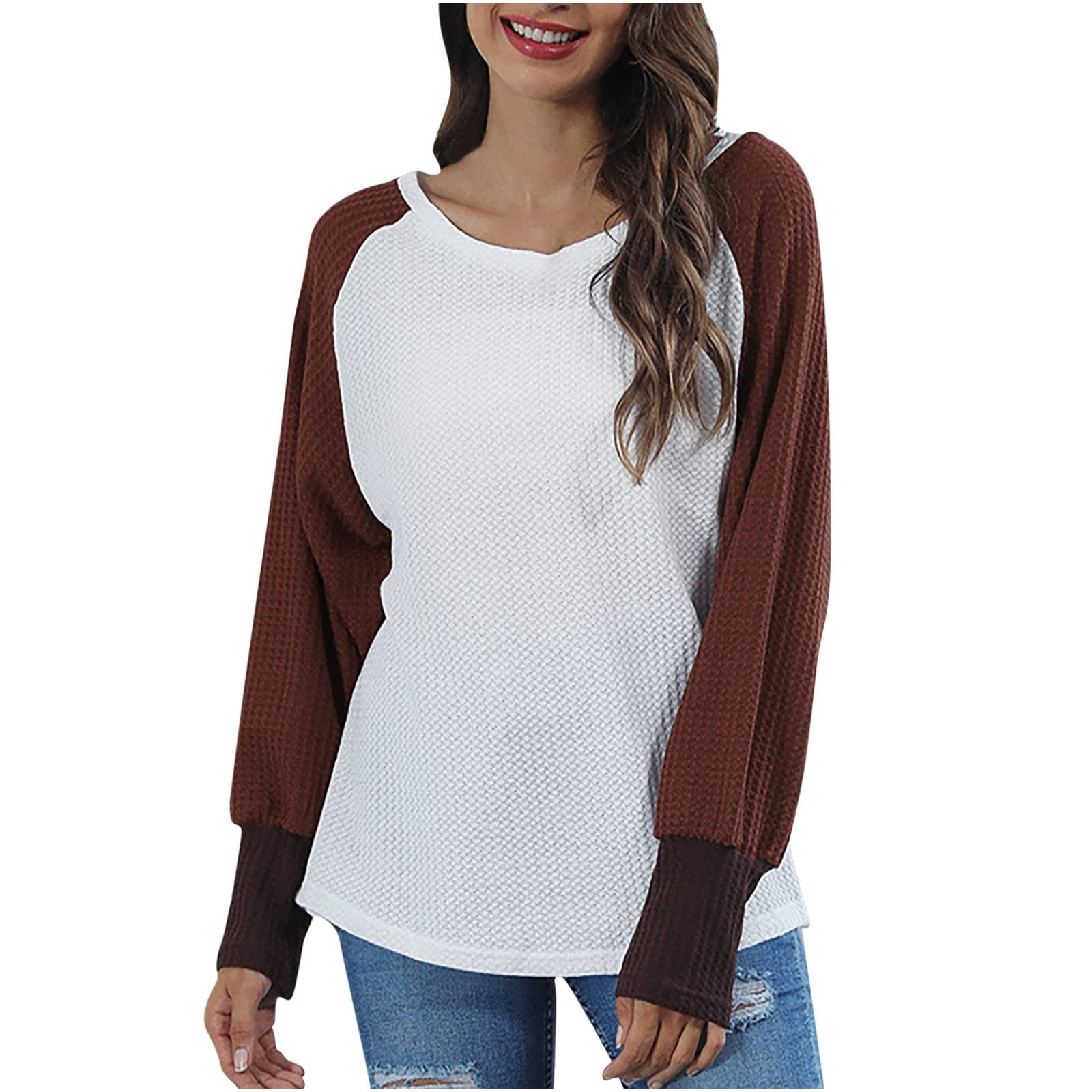 Women's Color Block Patchwork Raglan Long Sleeve Pullover Sweatshirt - Soft Lightweight Waffle Knit Loose Casual Top for Fall | Perfect for Layering, Weekend Outfits & Cozy Autumn Days