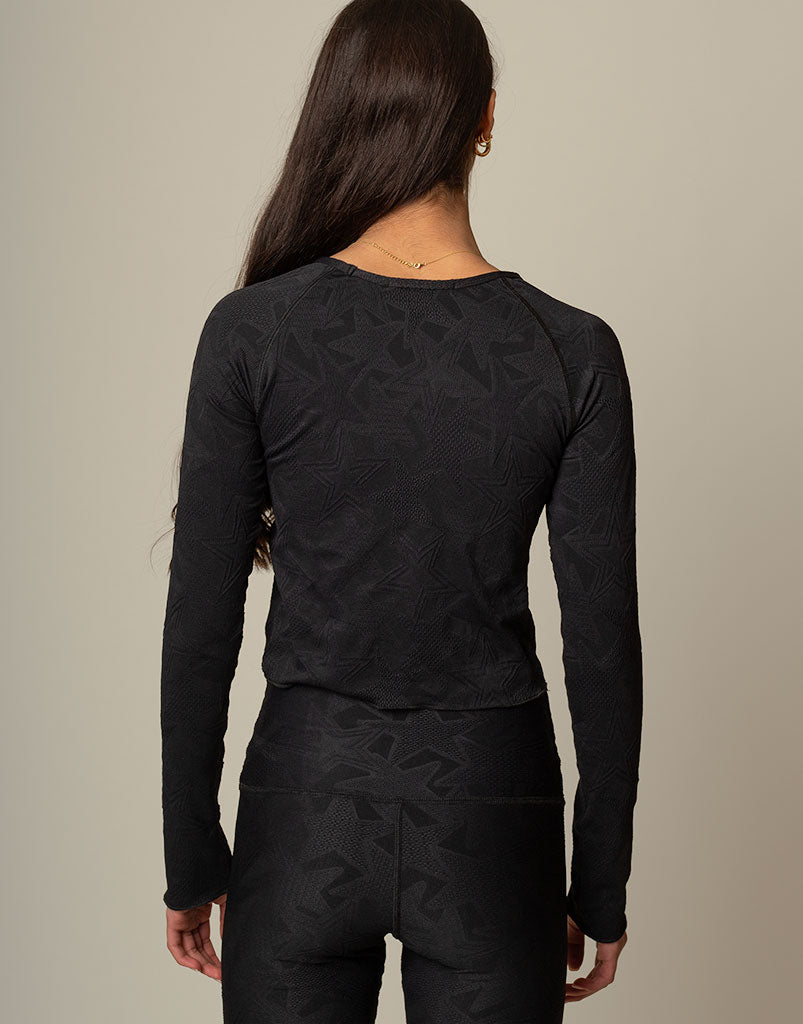 Superstar Jacquard Long Sleeve Top for Women - Elegant Knit Blouse with Floral Pattern - Perfect for Office, Date Night & Fall Layering