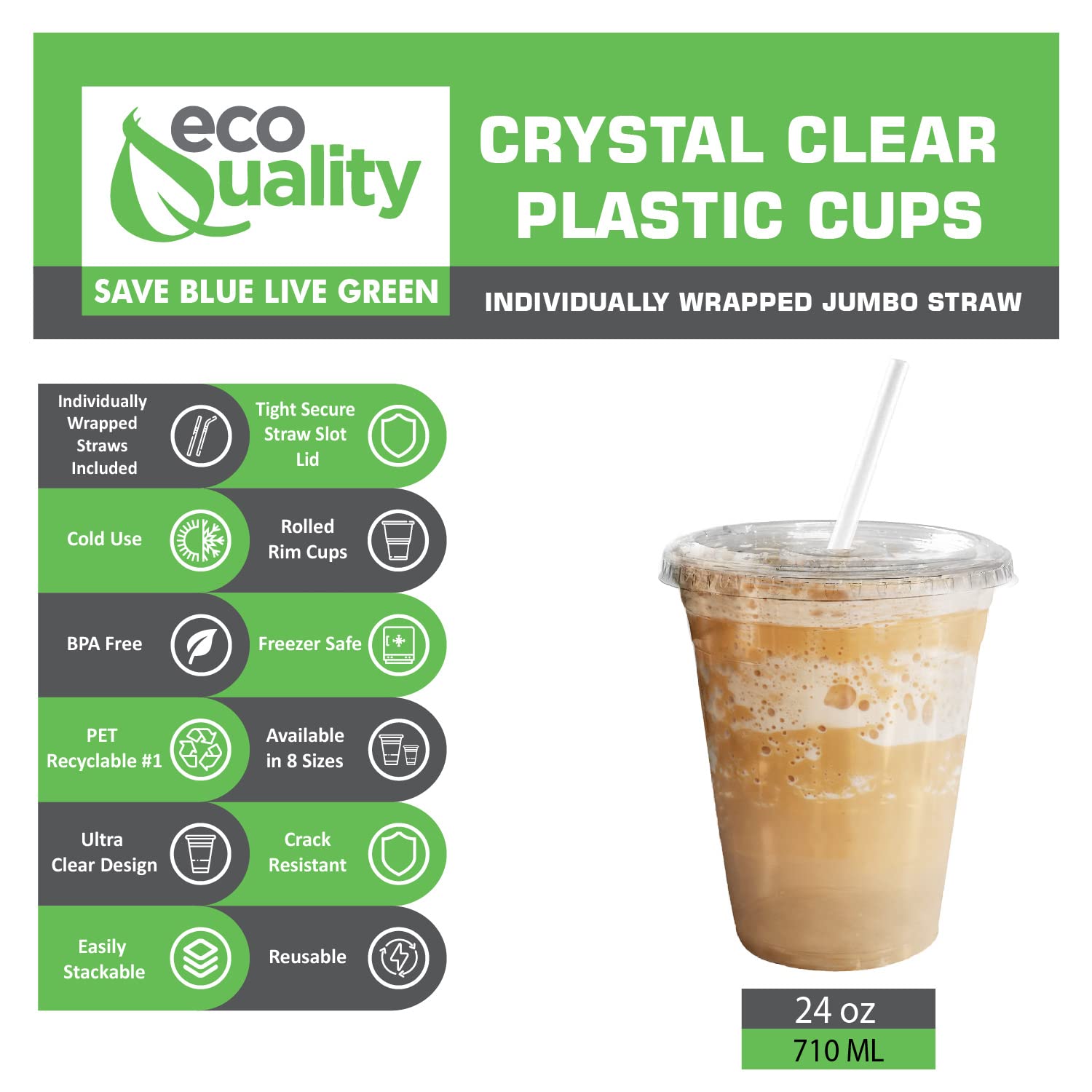 EcoQuality 24oz Clear Plastic Disposable Cups with Lids & Straws - 500 Count PET Party Cups for Smoothies, Protein Shakes, Bubble Tea, Iced Coffee, Boba, Fresh Juice | Meal Prep, Catering, Picnics, BBQs, Office Parties & Home Entertaining