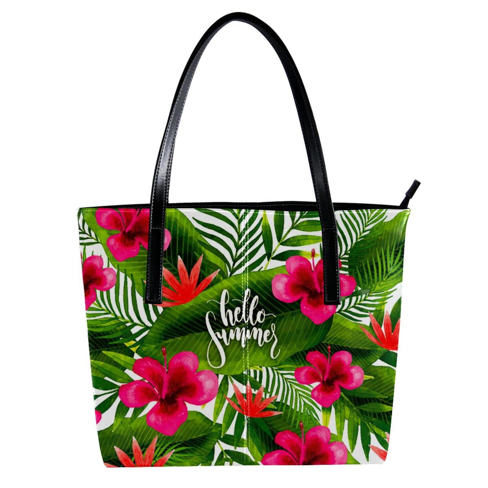 Women's Leather Handbag - Large Capacity Top Handle Satchel Shoulder Bag with Tropical Floral Palm Print | Perfect for Summer, Travel, Work & Everyday Use