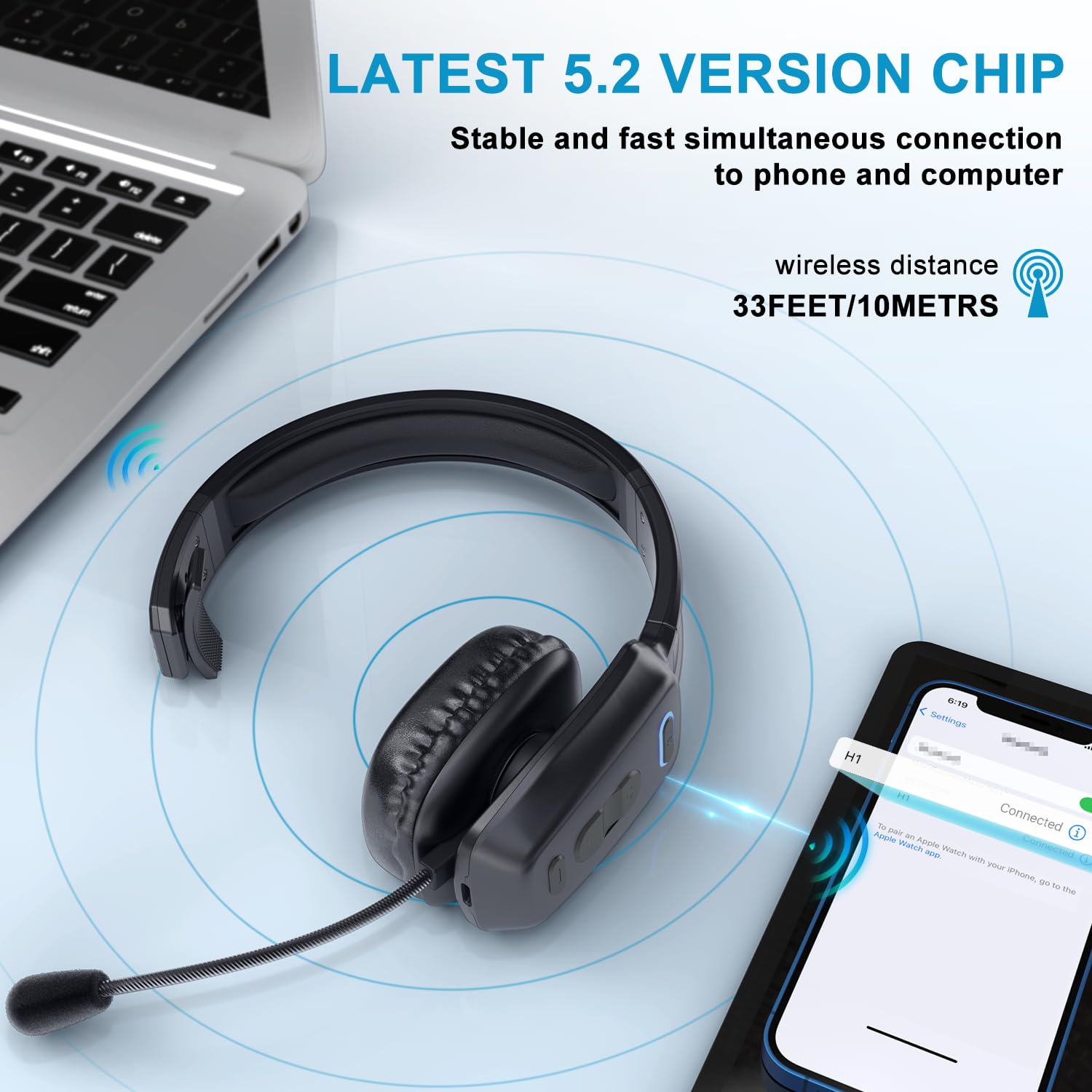 Wireless Bluetooth Headset with Noise Canceling Microphone - 60Hr Battery Life for Truck Drivers, Office Work & Phone Calls | Comfortable Over-Ear Design with Mute Button