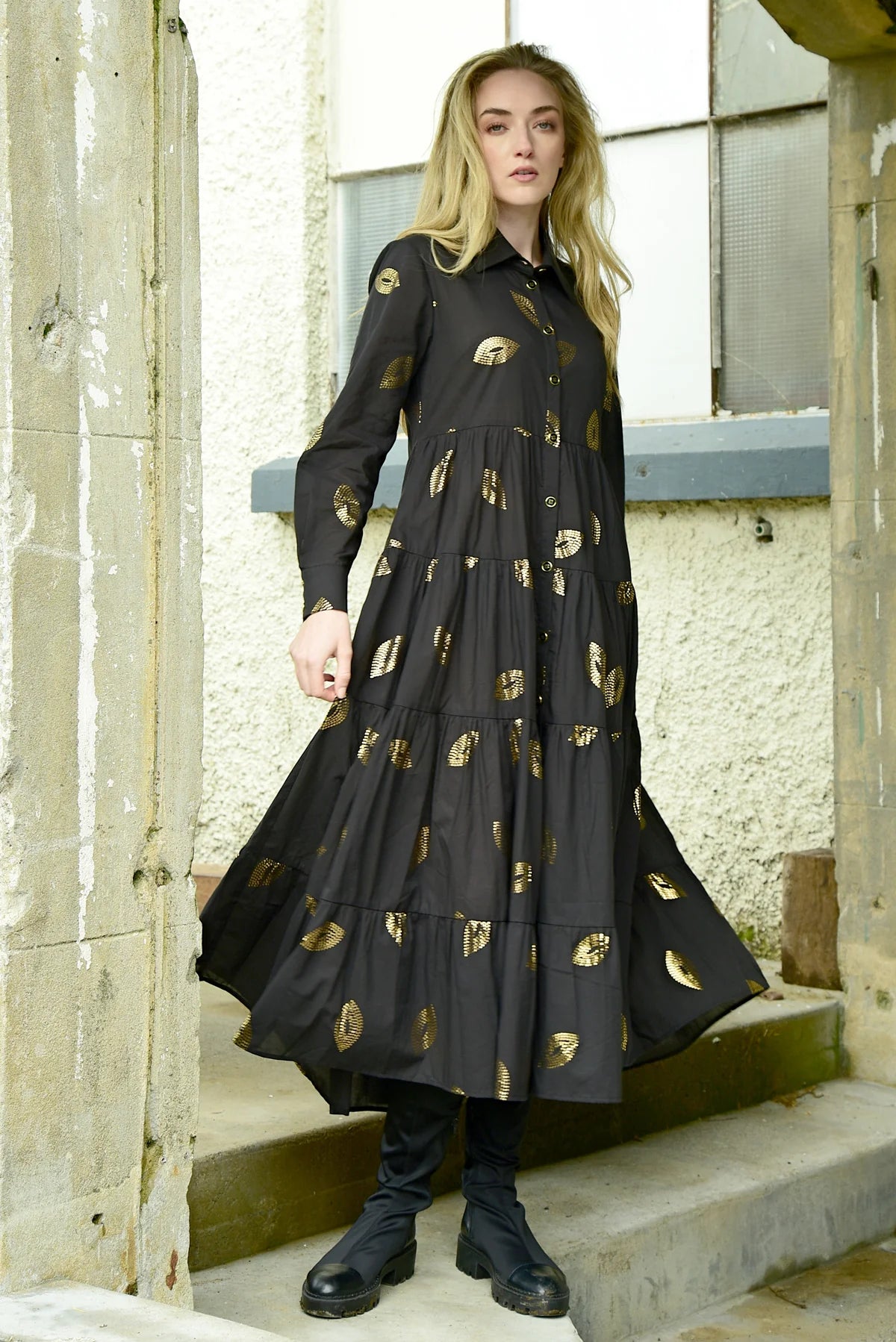 Sun & The Swoon Black Gold Detail Maxi Dress for Women - Elegant Floral Print Long Dress for Summer, Beach, Party & Special Occasions