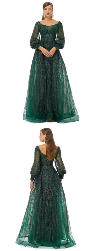 Elegant Green A-Line Long Sleeve Prom Dress with Jewel Details - Formal Evening Party Gown for Homecoming, Quinceañera & Special Occasions