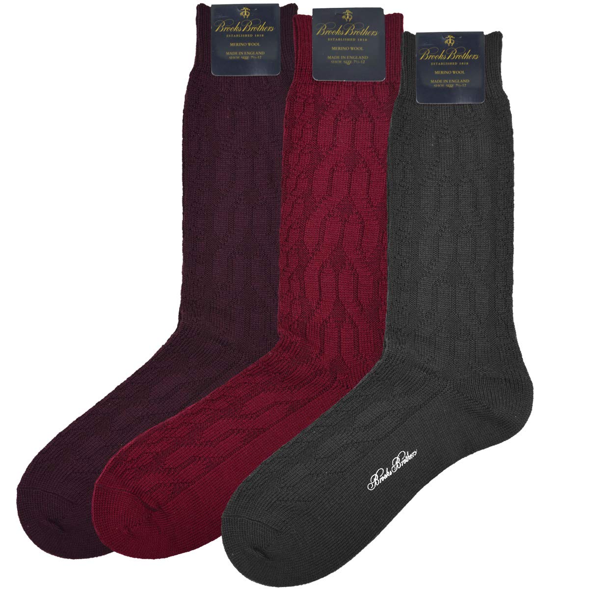 Brook Brothers 3 Pack Merino Wool Over The Calf Socks for Men - Cable Knit Design, Size 7-12 (Dark Gray/Classic Red/Burgundy Red) - Perfect for Business, Dress Shoes & Winter Warmth