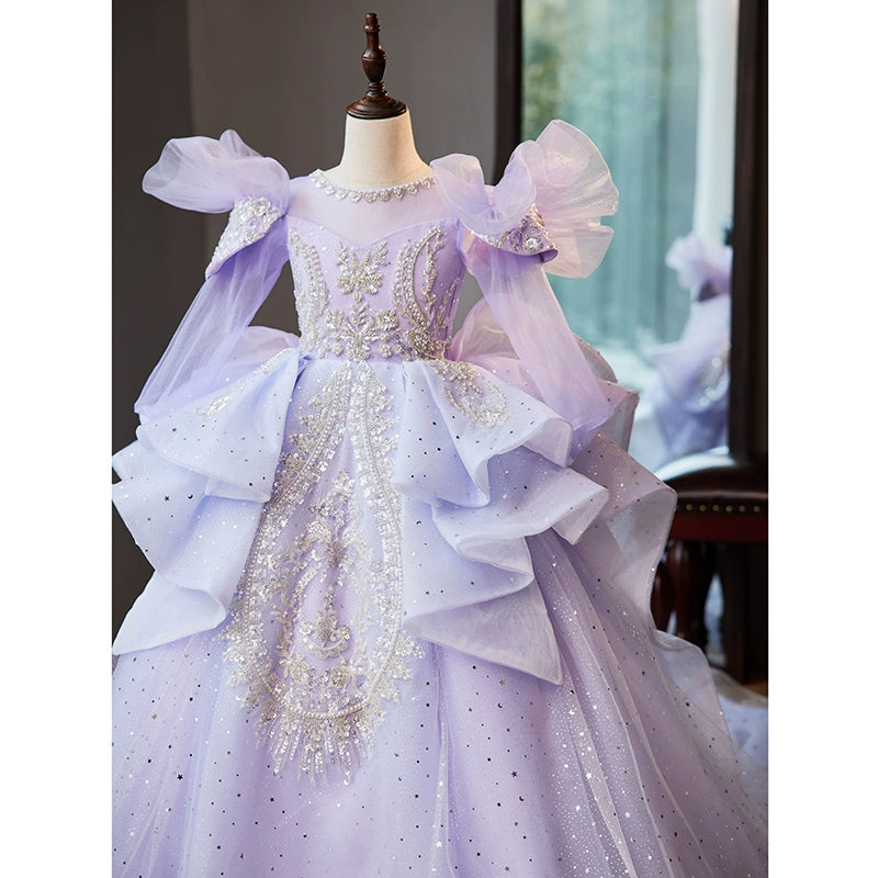 Lilac Princess Round Floor Length Tulle Flower Girl Dress for Weddings, Baptisms & Special Occasions