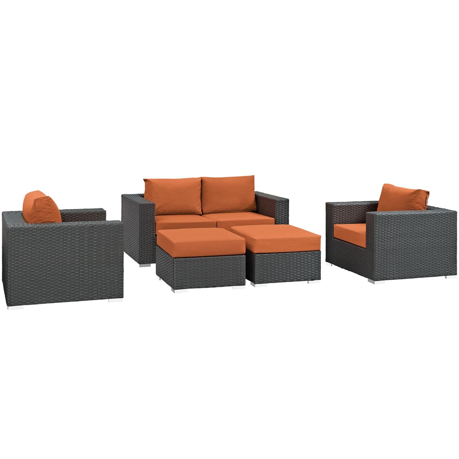 Modway Sojourn 5-Piece Wicker Rattan Outdoor Patio Sectional Set with Sunbrella Cushions in Canvas Tuscan - Perfect for Backyard, Poolside & Garden Relaxation
