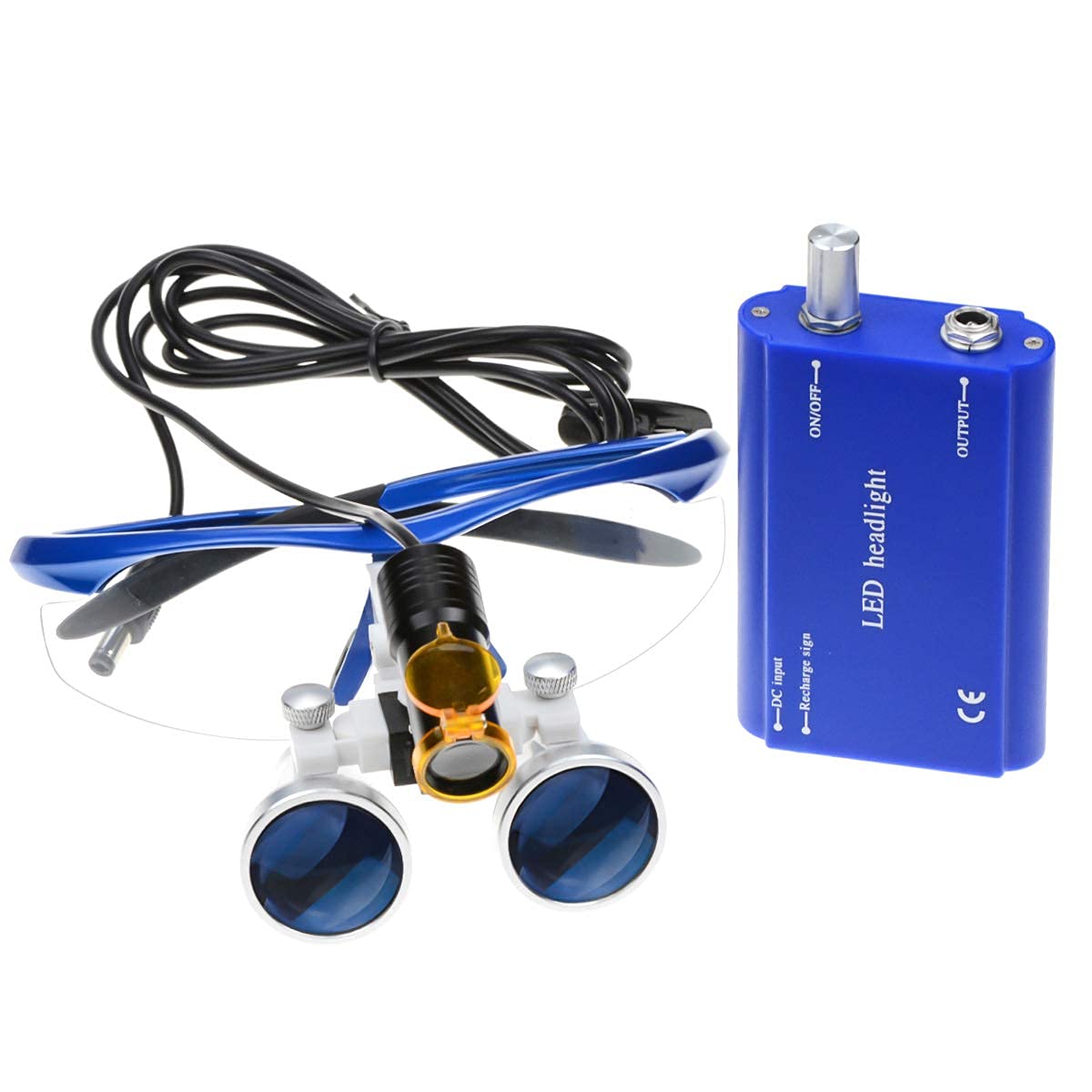 2.5X420mm Dental Loupes with 5W LED Headlight & Waist-Hanging Lamp - Blue DY-008 | Perfect for Dentists, Surgeons & Jewelers | Includes Aluminum Case & Light Filter