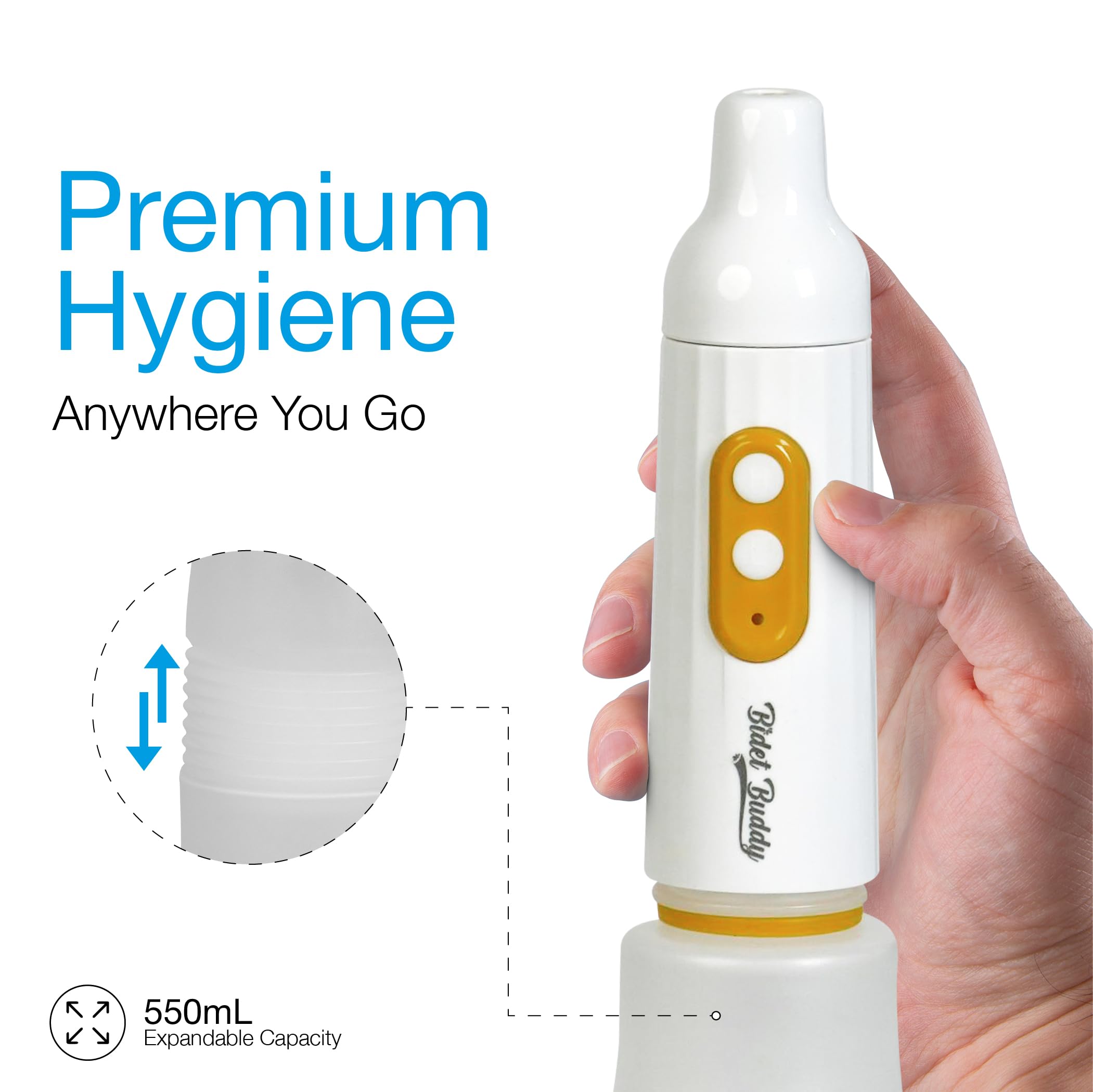 BIDET BUDDY® PureJet Portable Bidet for Travel - 400ml/min High Flow, 500mAh Rechargeable Battery, 550ML Water Bottle, IPX7 Waterproof, USB-C Fast Charging | Compact & Powerful Handheld Bidet for Toilet, Camping, RV, and Outdoor Use (White)