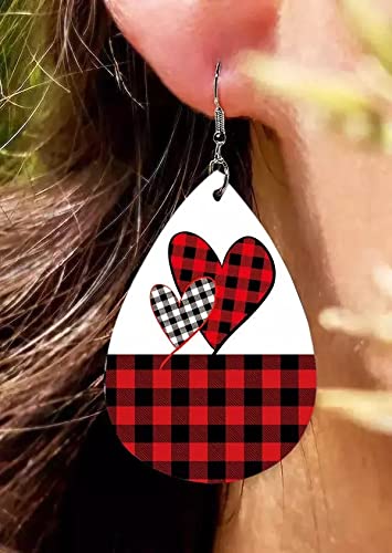 Valentine's Day Heart Shaped Leather Dangle Earrings for Women - Red & Black Buffalo Plaid Checkered Pattern with Leopard Print Drop | Perfect for Valentine's Gifts, Date Nights, and Holiday Parties