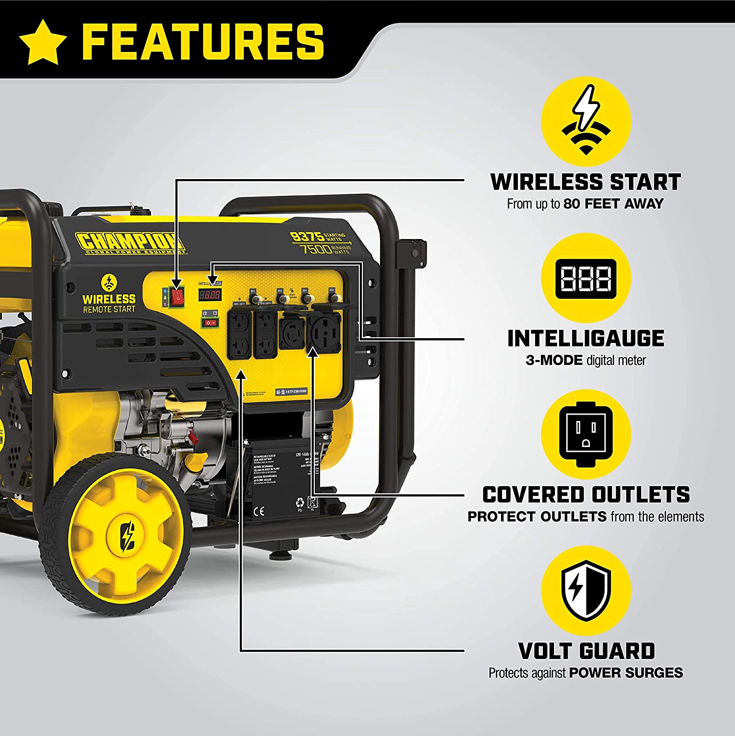 Champion 201004 7500W/9375W Portable Gas Generator with 50 Amp Output & Remote Start - Perfect for Home Backup Power, Camping, and Outdoor Events