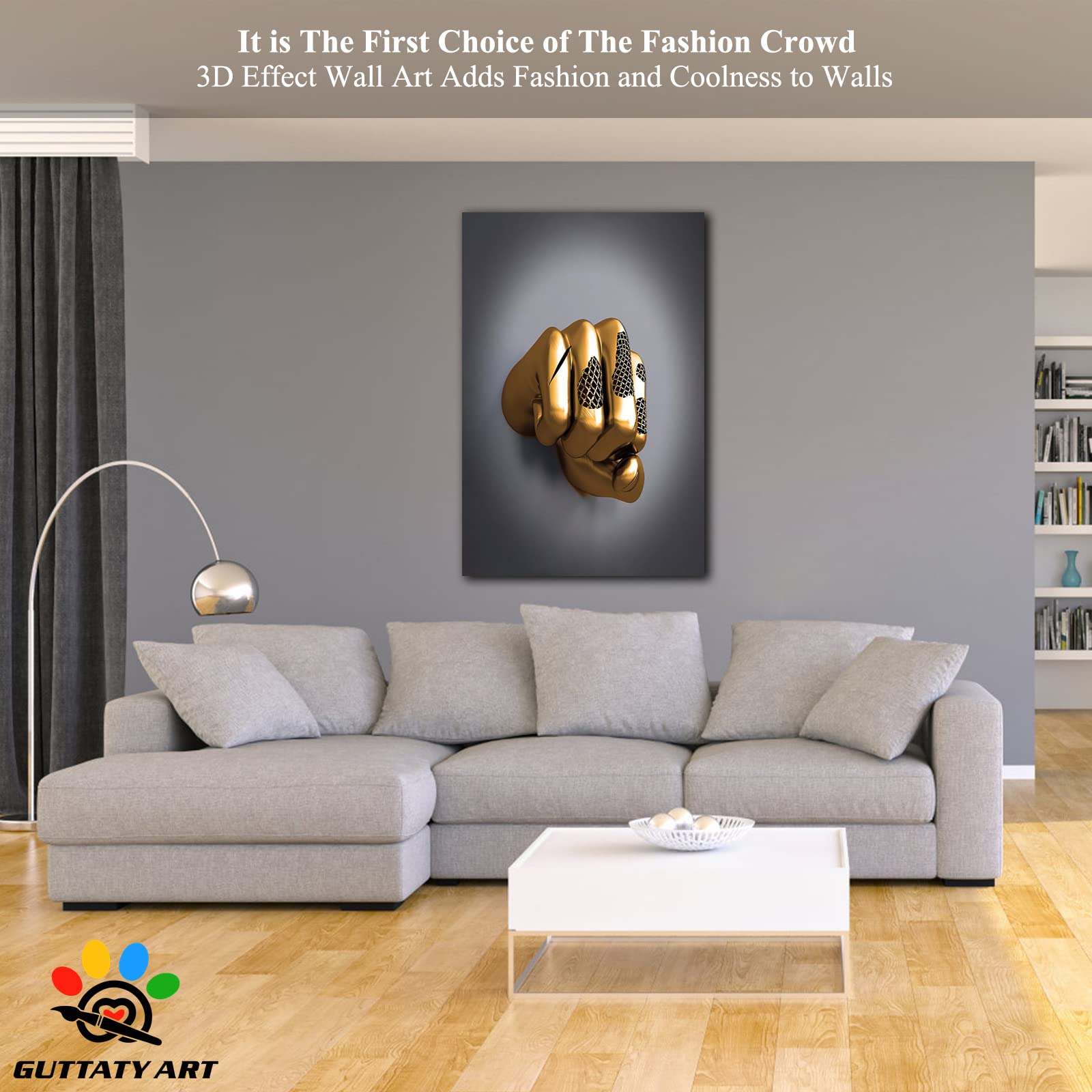 3D Metal Effect Fist Canvas Wall Art - Modern Silver Framed Wall Decor for Men's Bedroom & Living Room - Valentine's Day Gift Idea - 24x36 Inches - Perfect for Home Office, Man Cave, or Contemporary Interior Design