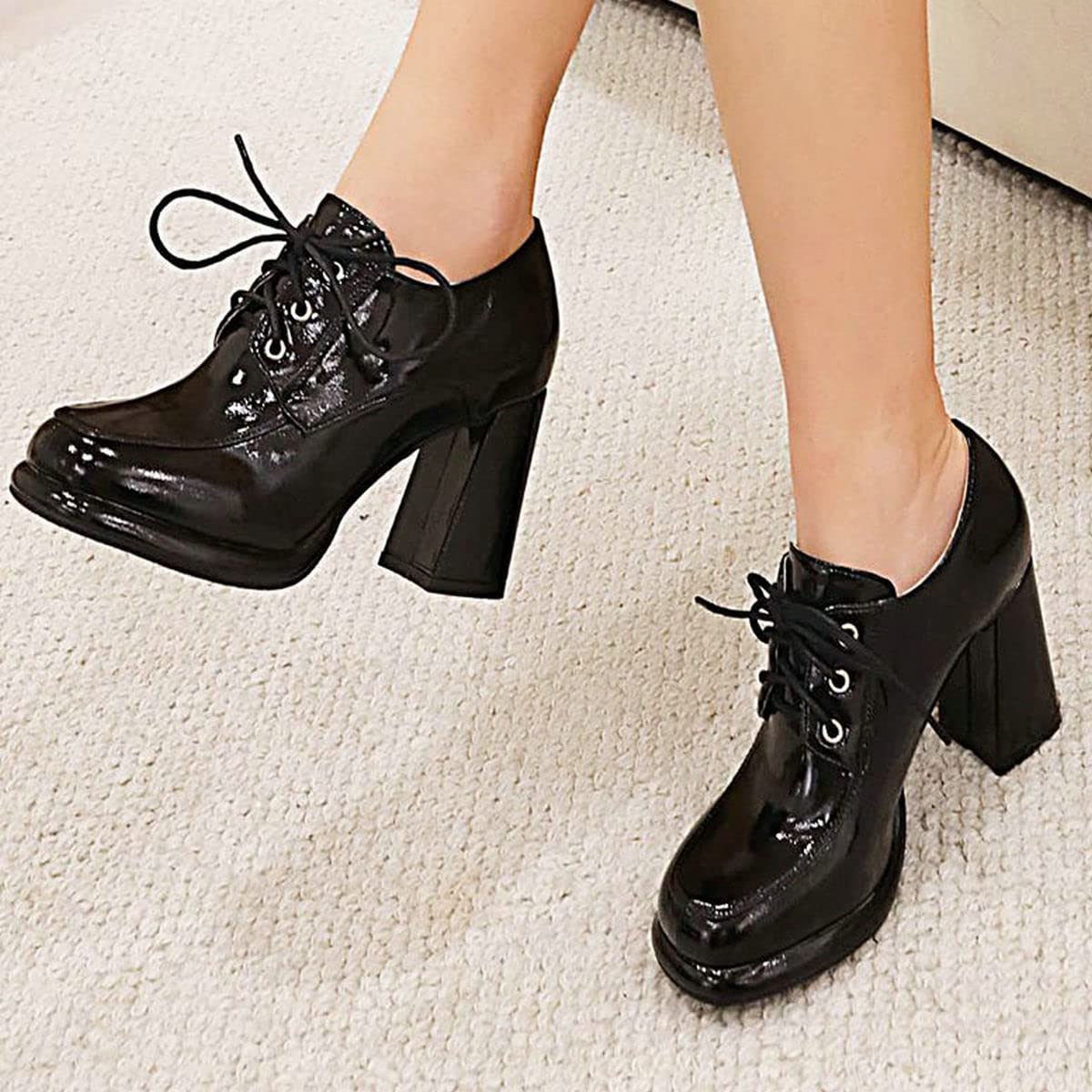 ClassicSter Women's Chunky High Heel Ankle Boots - Round Toe Lace Up Patent Leather Booties for Casual Outfits, Date Nights & Office Wear