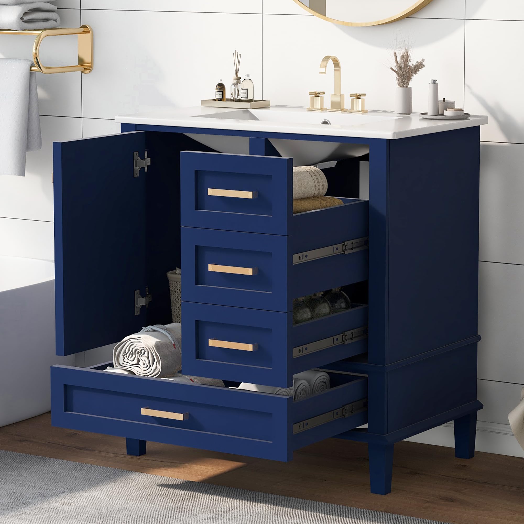**30-inch Navy Blue Bathroom Vanity with Sink - Solid Wood Cabinet, 2 Drawers + 1 Tip-Out Drawer, Soft-Close Doors, Easy Assembly - Perfect for Modern & Coastal Bathroom Decor**