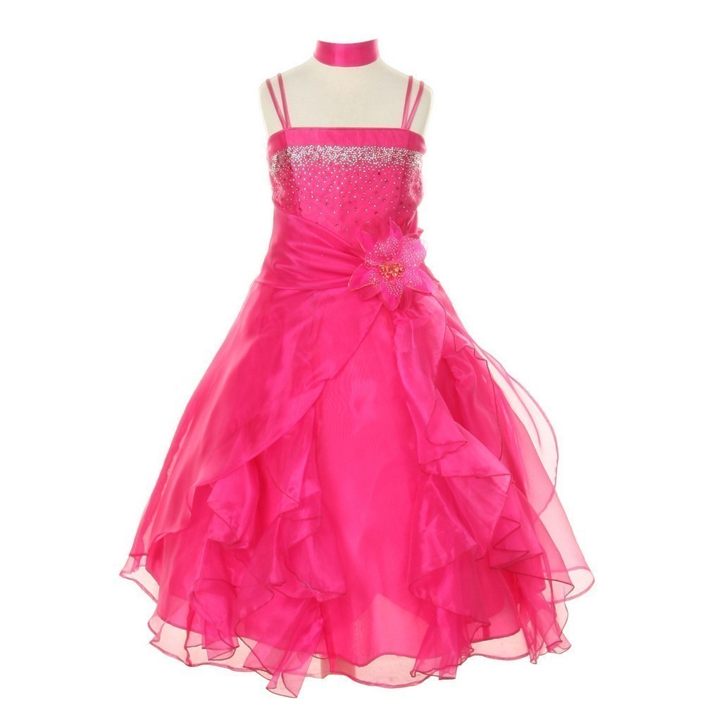 Fuchsia Crystal Organza Cascade Ruffle Dress for Big Girls Size 8-14 | Elegant Party Gown for Prom, Wedding & Special Occasions