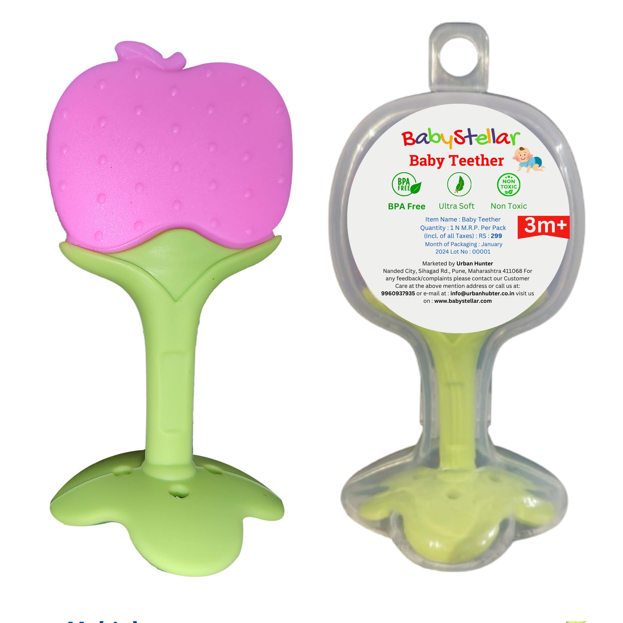 BabyStellar Infant Standing Fruit Teether - BPA-Free Silicone Teething Toy for 0-12 Months Babies with Storage Case, Textured Design for Soothing Gums (Apple) - Perfect for Home, Travel & Daycare Use