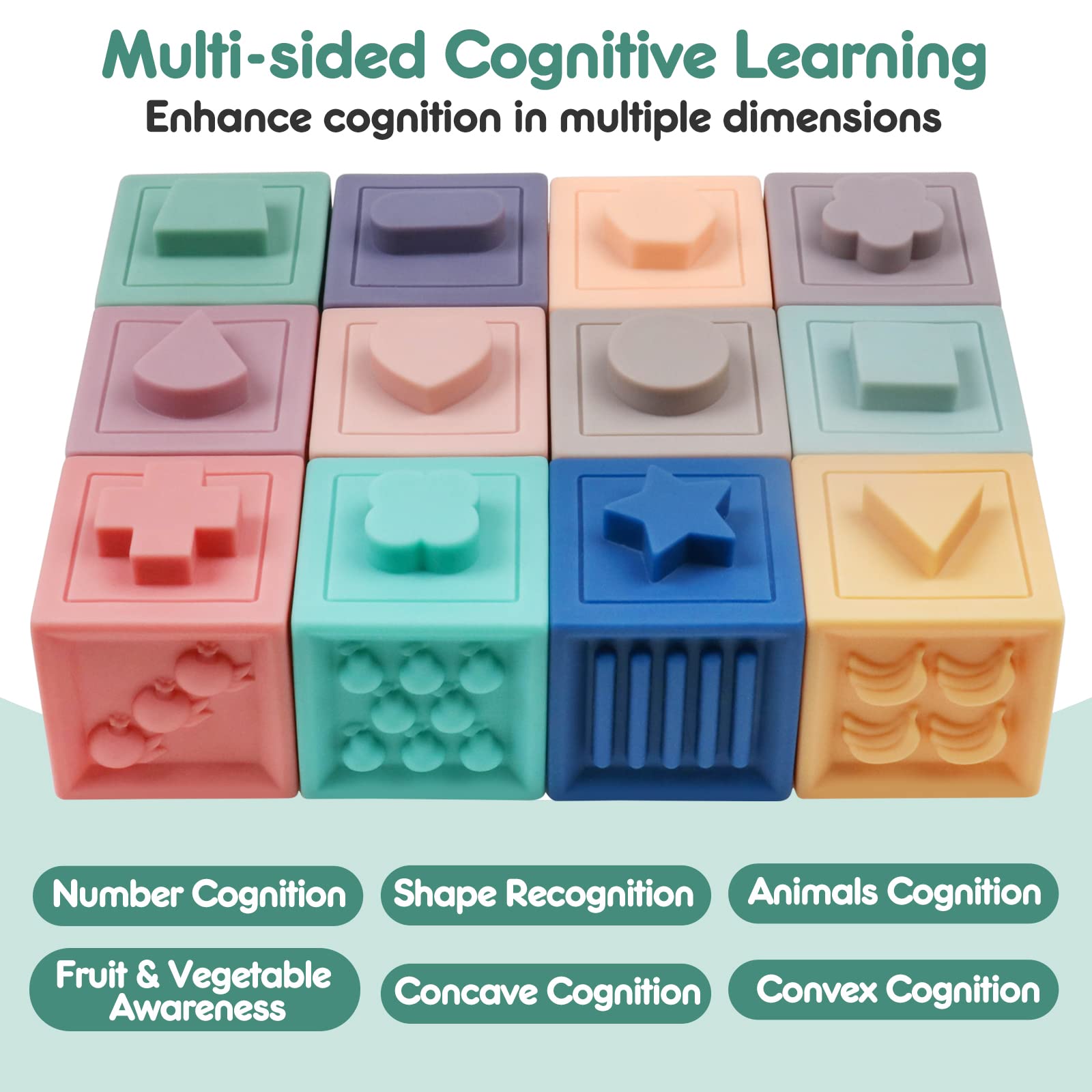 JOCHA Baby Stacking Blocks - Montessori Sensory Toys for 6-18 Months & 1-3 Years Old | Teething, Squeeze, Learning Educational Toys with Shapes, Numbers, Fruits & Textures | Perfect for Bath Time, Playtime & Early Childhood Development