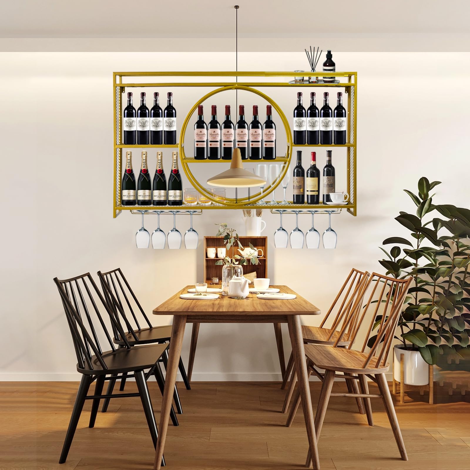 Wall Mounted Wine Rack - 3 Tier Large Capacity Iron Wine Glass Display & Storage Rack with Cup Holder for Home, Restaurant, Bar - Gold Finish (55.1 x 5.9 x 31.5 Inches) - Perfect for Kitchen, Dining Room & Wine Cellar Organization