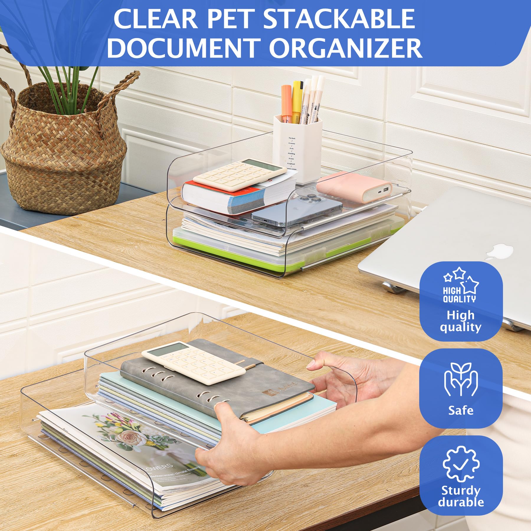 2-Pack Clear PET Desk Letter Trays - Stackable Office Organizer for Notes, Pens & Files | Perfect for Home, Office & School Organization