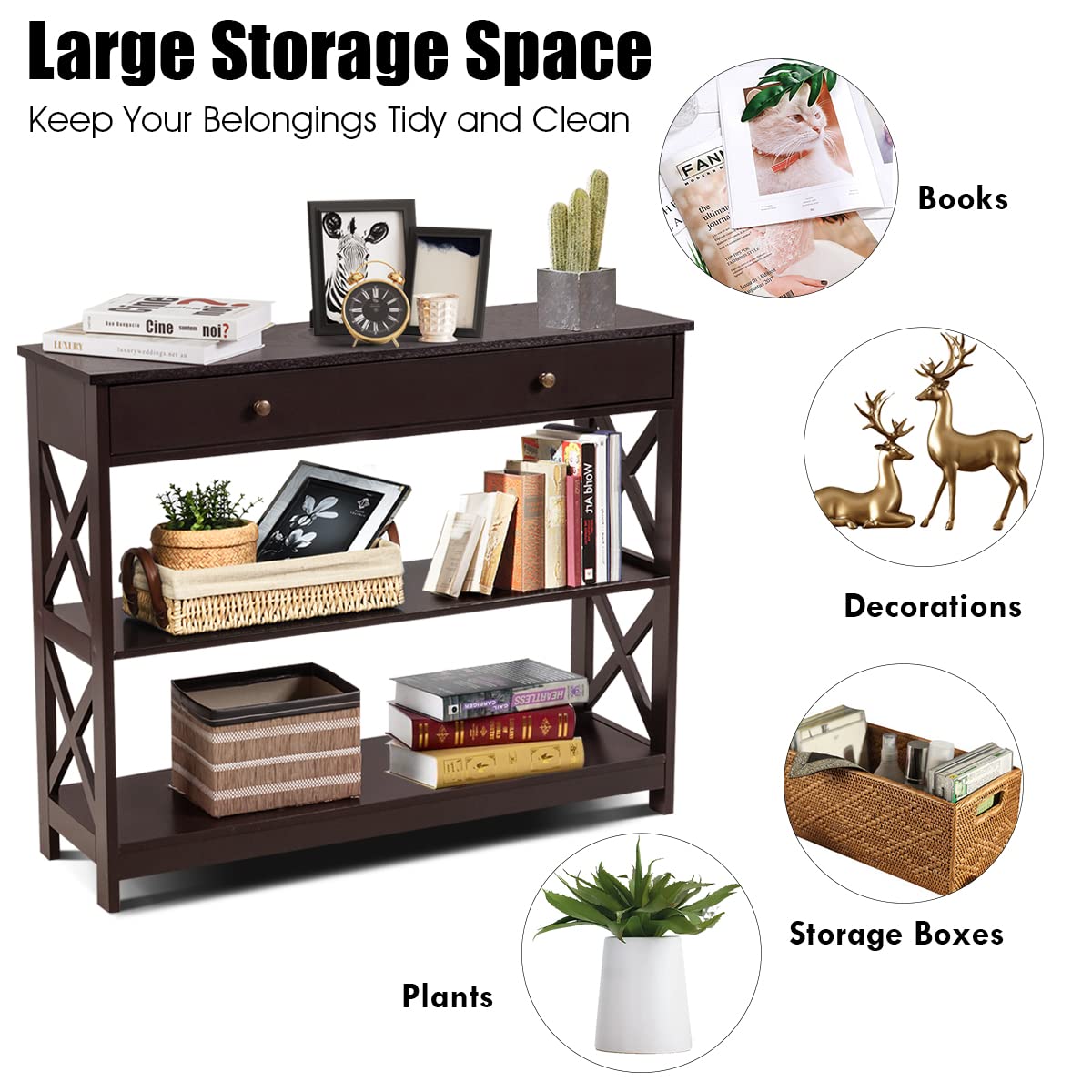 Giantex 3-Tier Console Table with Drawer & Storage Shelves - X-Design Entryway Table for Hallway, Living Room & Bedroom - Sofa Side Table in Espresso Finish | Perfect for Small Space Organization & Home Decor
