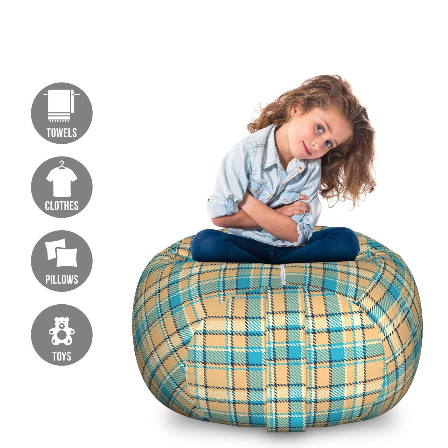 Ambesonne Checkered Storage Toy Bag Chair - Large Washable Stuffed Animal Organizer with Celtic-Inspired Zigzag Pattern in Cream & Pale Blue | Perfect for Kids' Room, Playroom & Nursery Organization