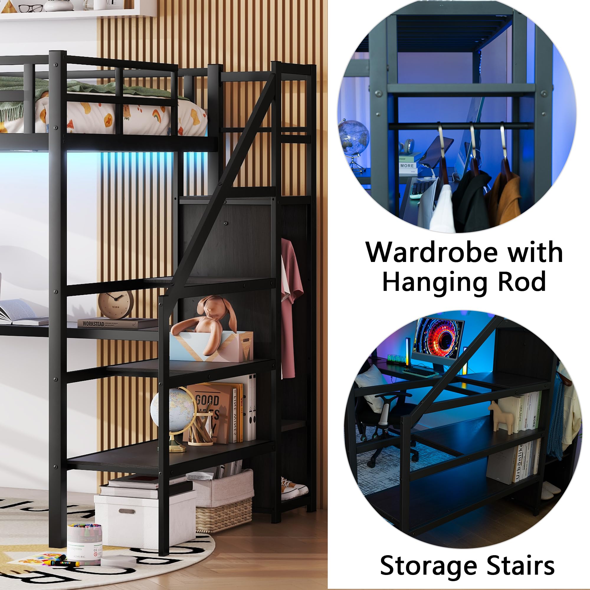 Full Size Loft Bed with Desk, Storage Shelf & Stairs - Space-Saving Metal Loft Bed with Wardrobe, Charging Station & RGB LED Lights for Adults, Teens & Kids | Perfect for Small Bedrooms, Dorms & Studio Apartments (Black)