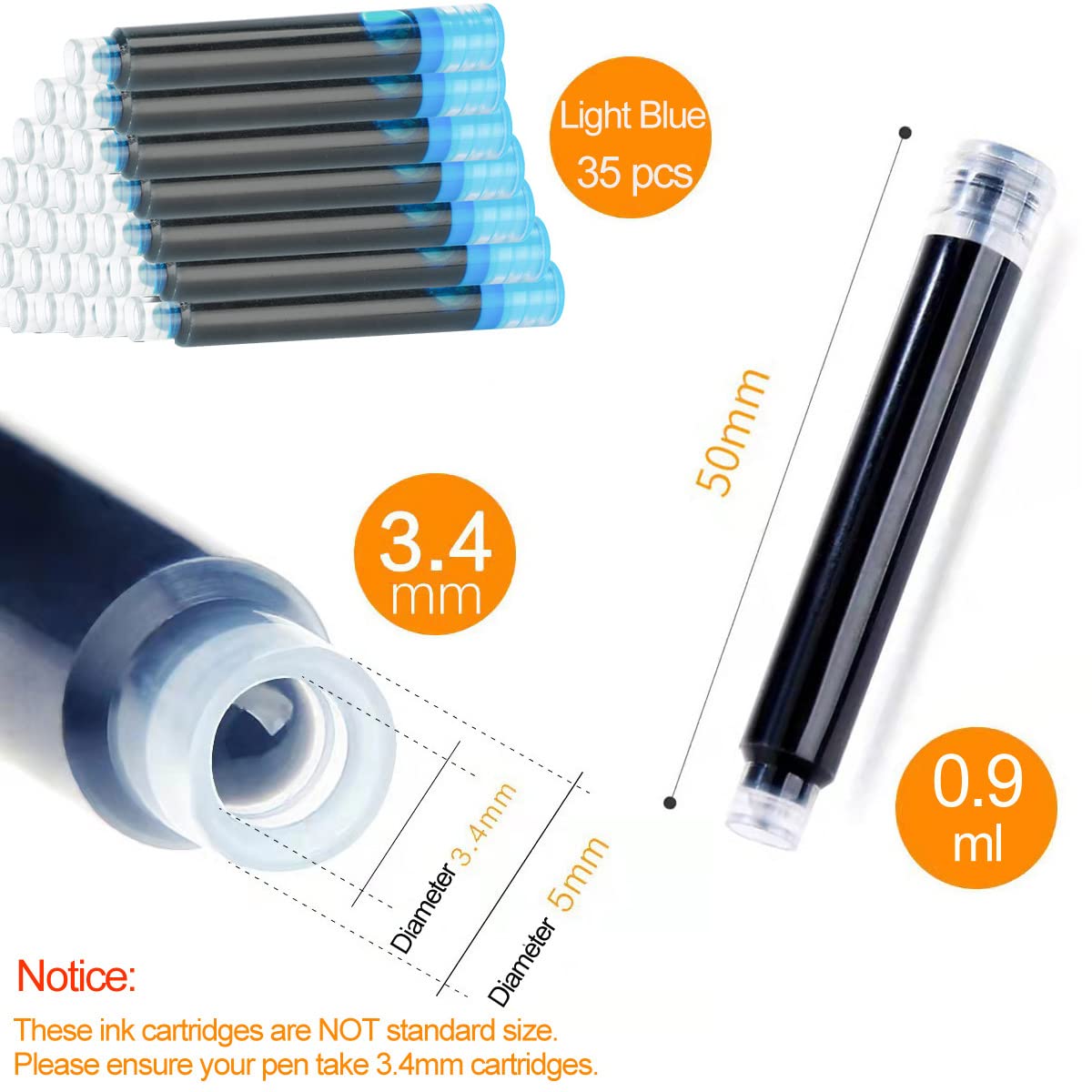 35 PCS Fountain Pen Ink Cartridges - 3.4mm Bore Diameter Calligraphy Pen Refills in Light Blue | Perfect for Handwriting, Journaling & Artistic Lettering