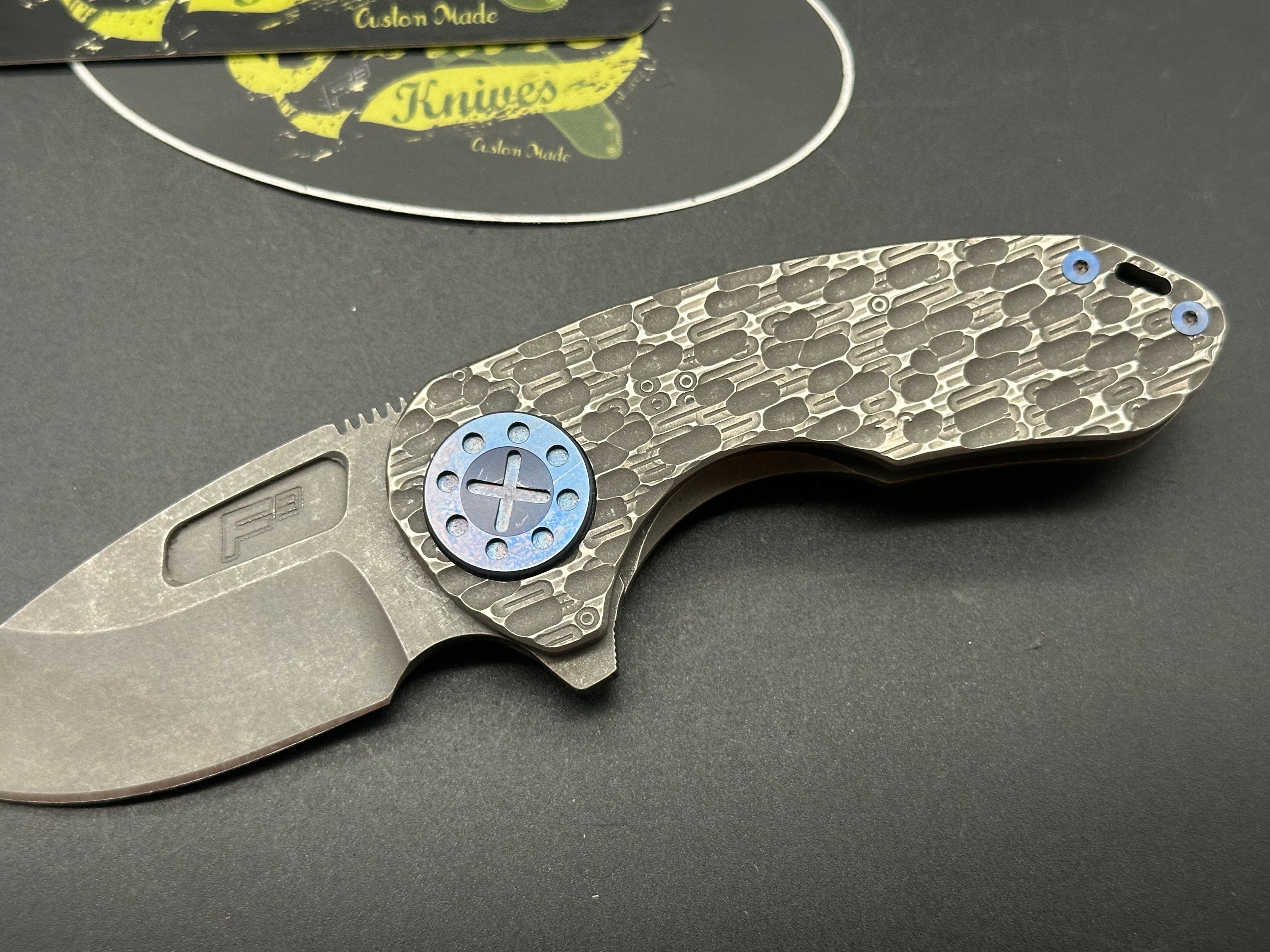 Curtiss Custom Knives F3 Compact Slicer Flipper - PM Mill Titanium Handle, Magnacut Steel Blade (Stonewashed Finish, Blue) - EDC Pocket Knife for Outdoor, Camping & Everyday Carry
