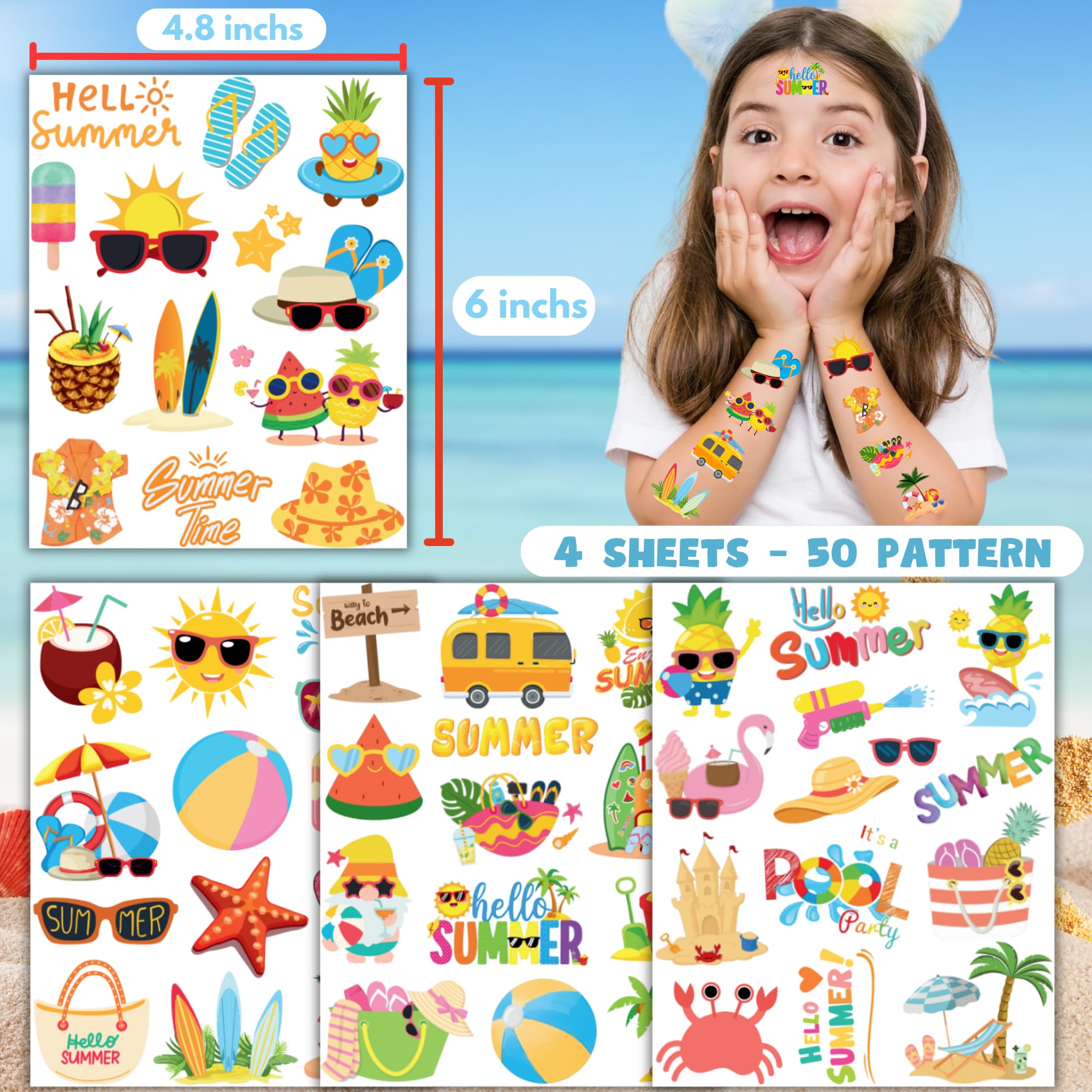 50 PCS Summer Party Temporary Tattoos for Kids - Hawaiian Luau Themed Waterproof Tattoo Stickers for Boys & Girls | Perfect for Birthday Parties, Pool Parties & Beach Events | Tropical Themed Party Supplies & Gift Bag Fillers