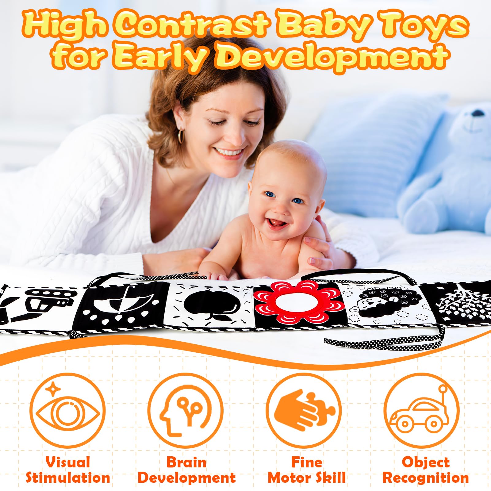High Contrast Black & White Baby Toys 0-6 Months - Montessori Sensory Crinkle Toys for Newborns & Infants | Tummy Time, Car Seat & Stroller Toys | Soft Cloth Books for Baby Boys & Girls | Perfect Newborn Gift & Early Learning Development